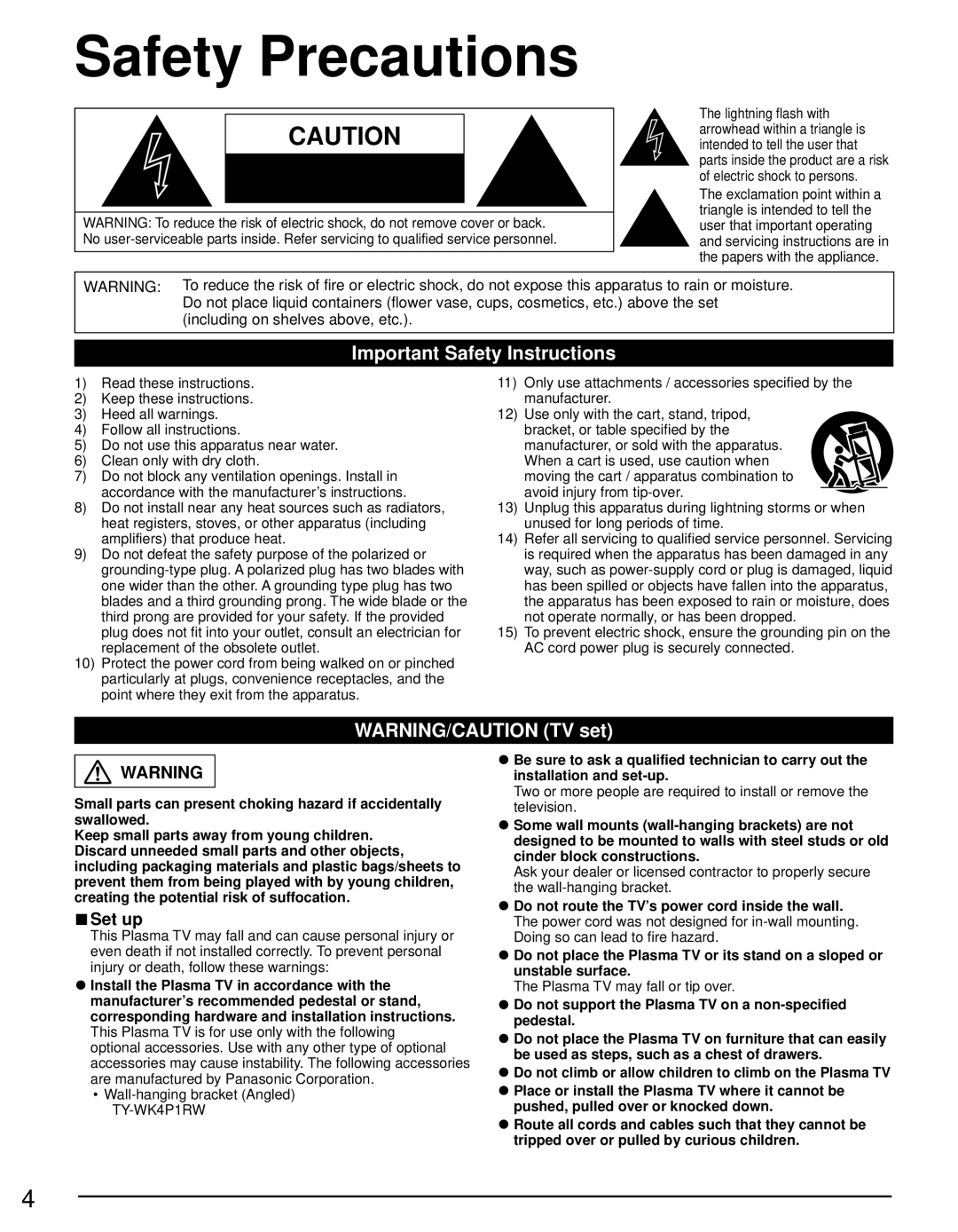 Panasonic TC-P4632C, TC-P4232C, TC-P5032C owner manual Safety Precautions, Important Safety Instructions 