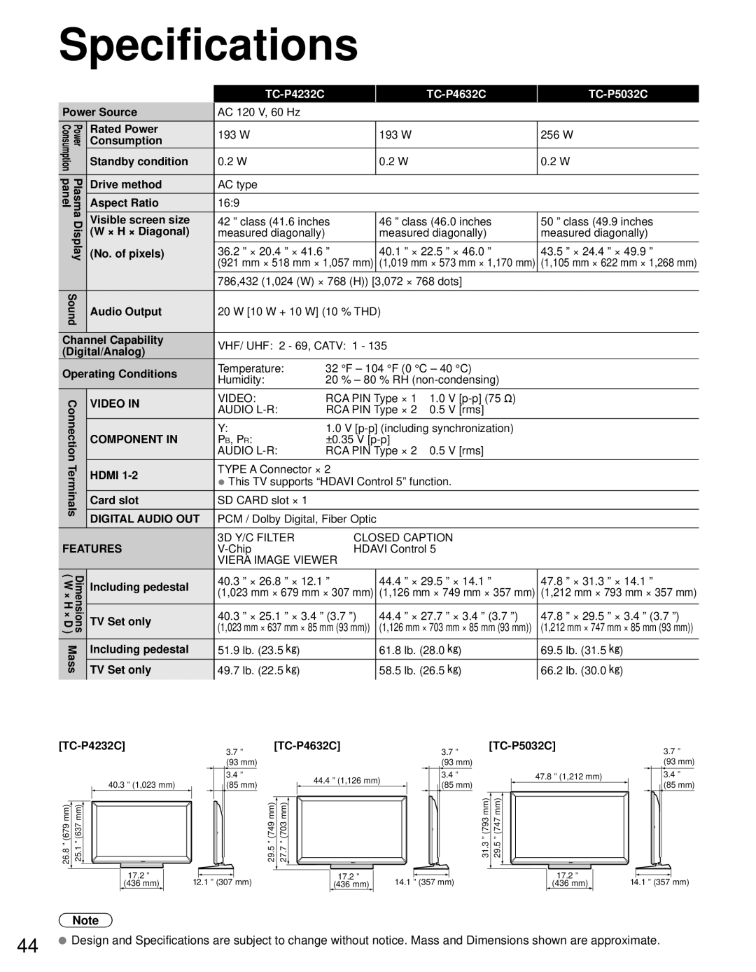 Panasonic TC-P5032C, TC-P4232C, TC-P4632C owner manual Specifications 