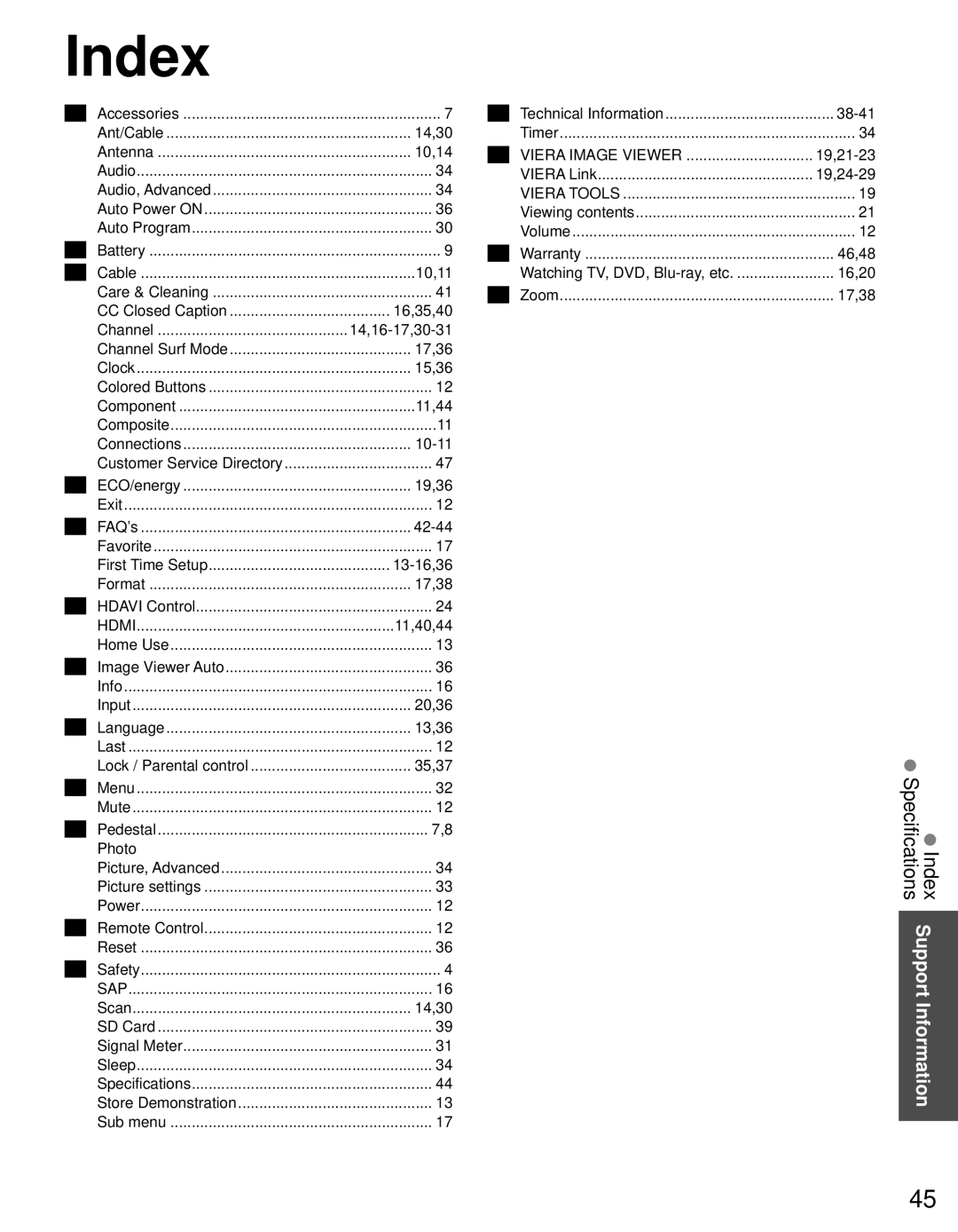 Panasonic TC-P4232C, TC-P4632C, TC-P5032C owner manual SpecificationsIndex Support Information 