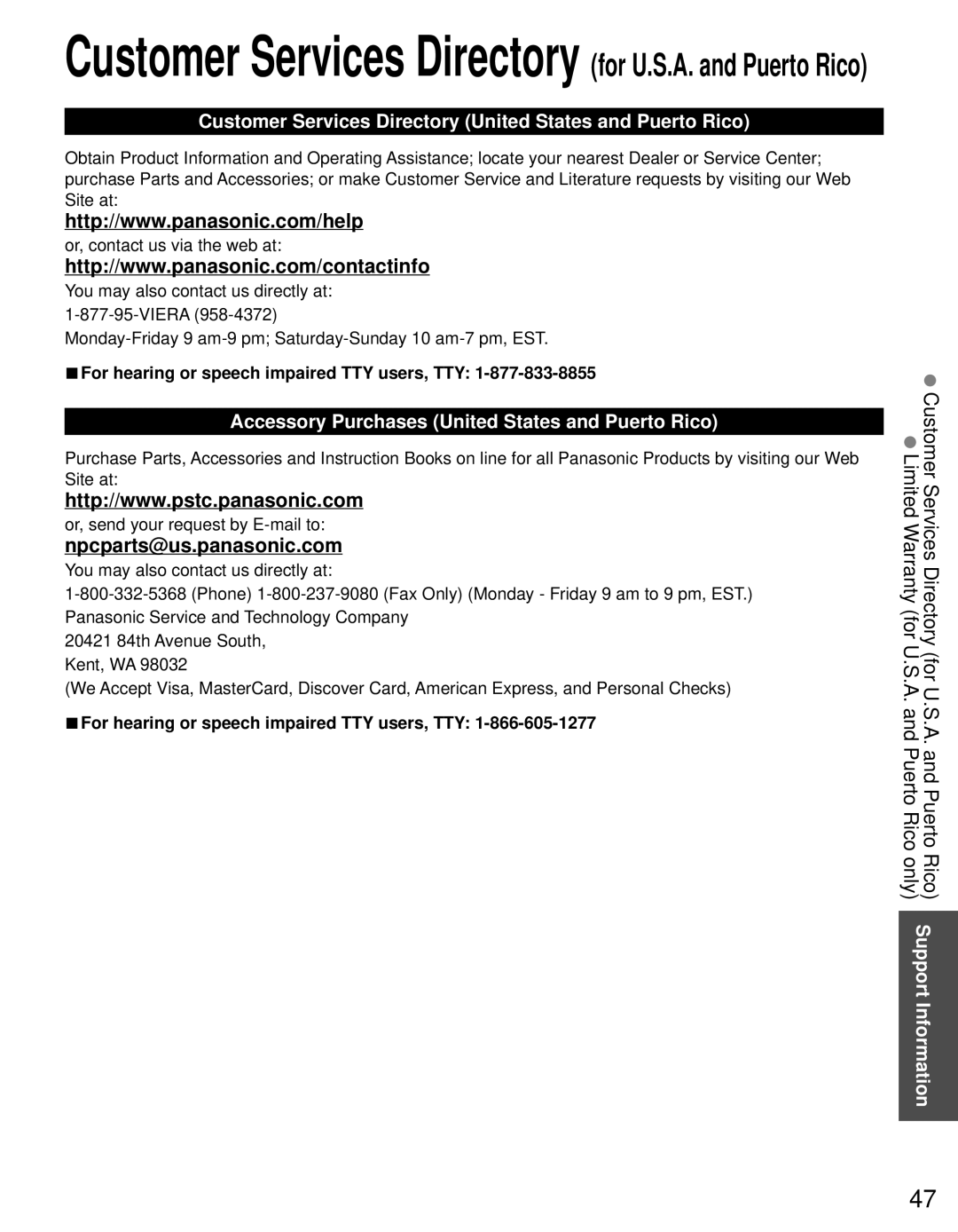 Panasonic TC-P5032C, TC-P4232C, TC-P4632C owner manual Customer Services Directory United States and Puerto Rico 