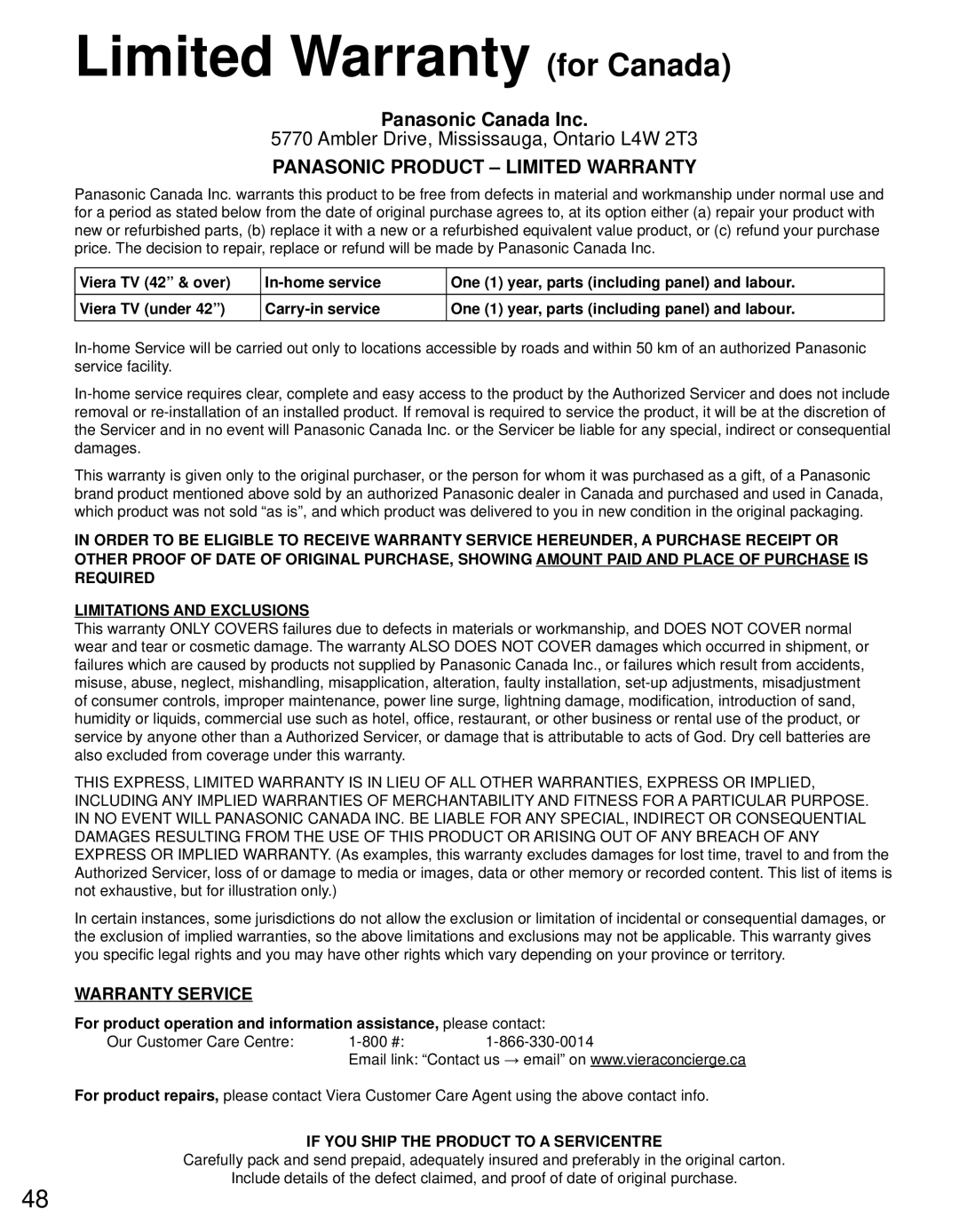 Panasonic TC-P4232C, TC-P4632C, TC-P5032C owner manual Limited Warranty for Canada, Panasonic Product Limited Warranty 