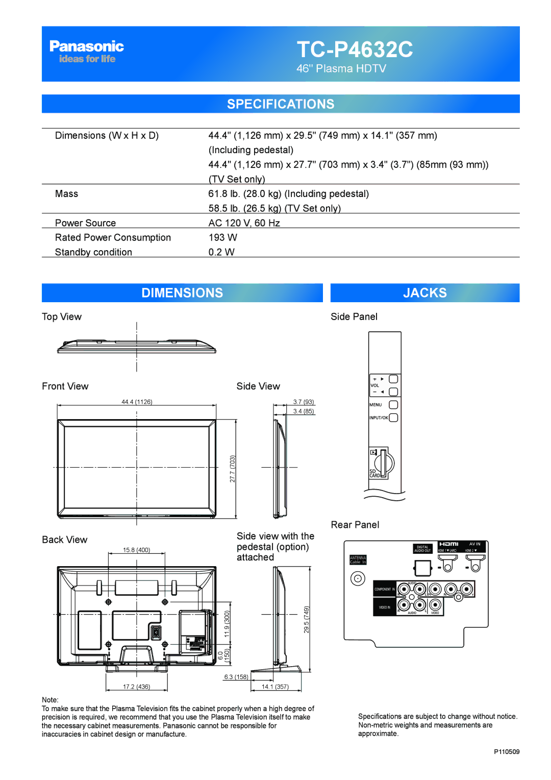 Panasonic TC-P4232C Top View Front View Side View, Side Panel Rear Panel Back View, Side view with, Pedestal option 