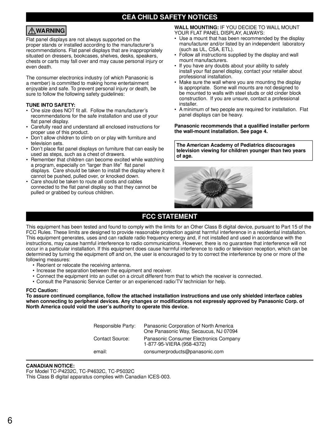 Panasonic TC-P4232C, TC-P4632C, TC-P5032C owner manual CEA Child Safety Notices 