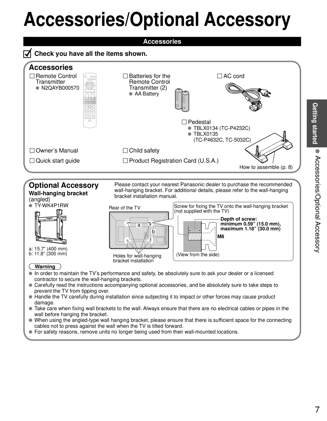 Panasonic TC-P4632C, TC-P4232C, TC-P5032C owner manual Accessories/Optional Accessory 