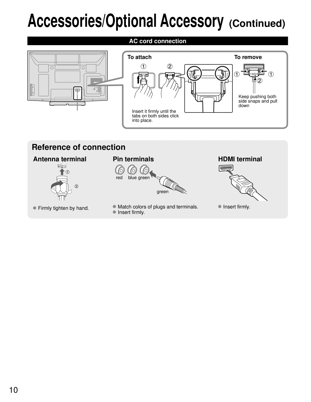 Panasonic TC-P42C1, TC-P50C1 quick start AC cord connection, To attach To remove, Down, Red blue green Green 