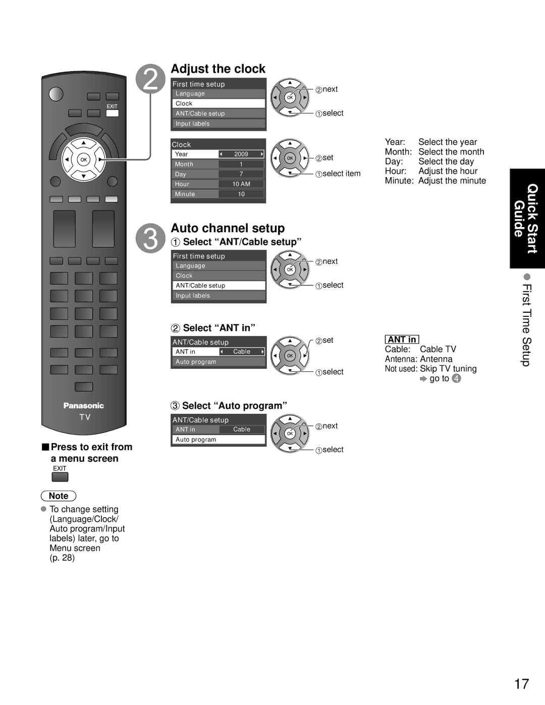 Panasonic TC-P50C1, TC-P42C1 quick start Adjust the clock, Auto channel setup 