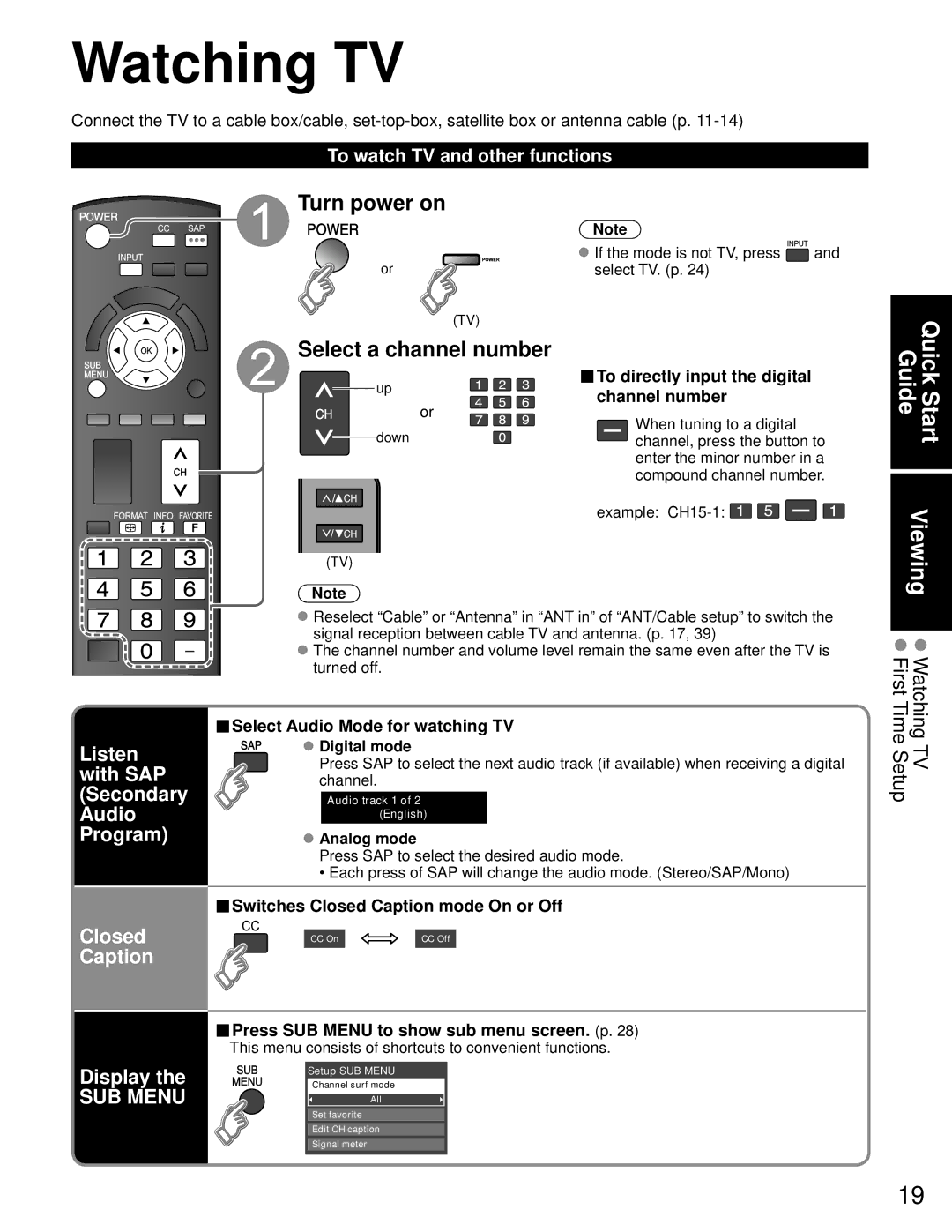 Panasonic TC-P50C1, TC-P42C1 quick start Watching TV, Turn power on Select a channel number, Closed Caption Display 