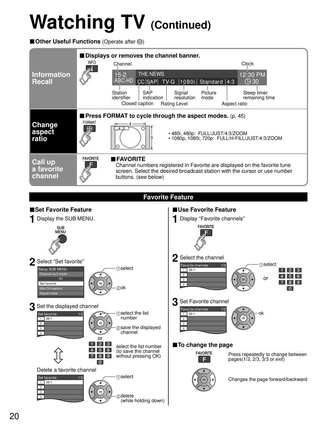 Panasonic TC-P42C1, TC-P50C1 quick start Information, Recall, Change aspect ratio Call up Favorite channel, Favorite Feature 