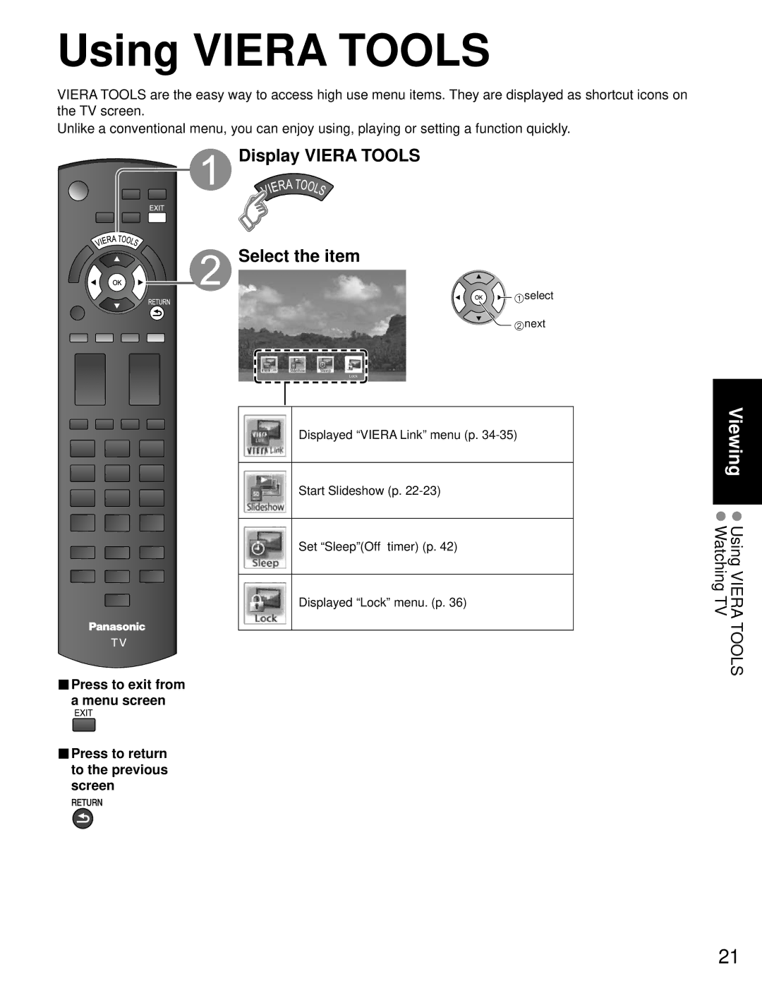 Panasonic TC-P50C1, TC-P42C1 quick start Using Viera Tools, Display Viera Tools Select the item, Select next 