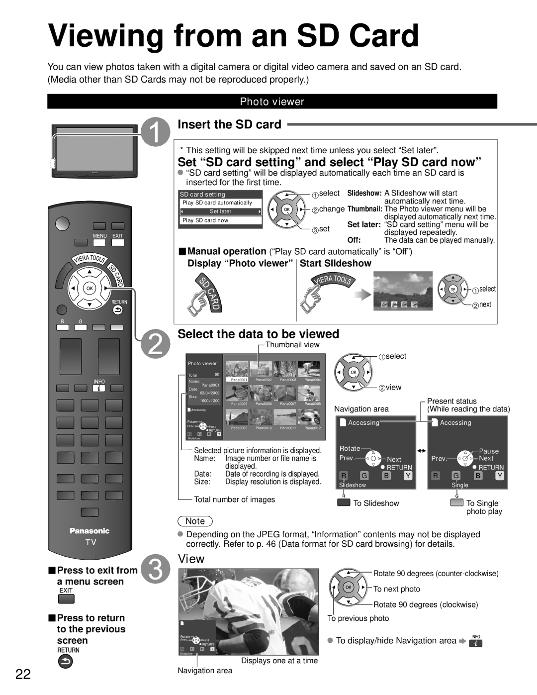 Panasonic TC-P42C1, TC-P50C1 Viewing from an SD Card, Insert the SD card, Set SD card setting and select Play SD card now 