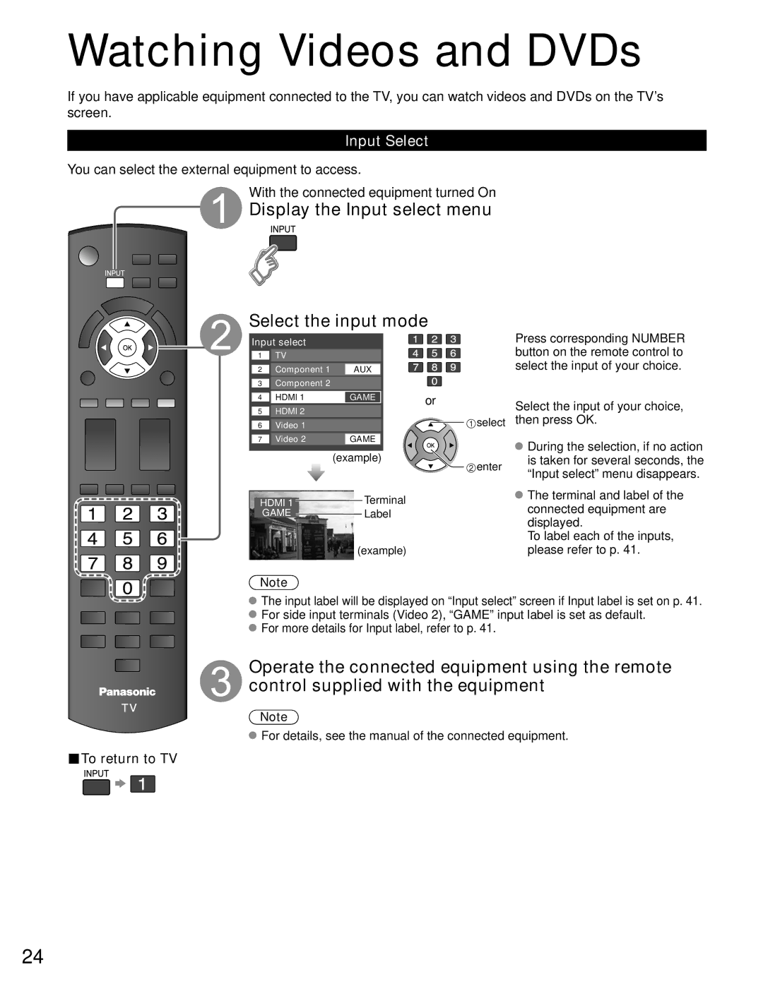 Panasonic TC-P42C1, TC-P50C1 Watching Videos and DVDs, Display the Input select menu Select the input mode, Input Select 