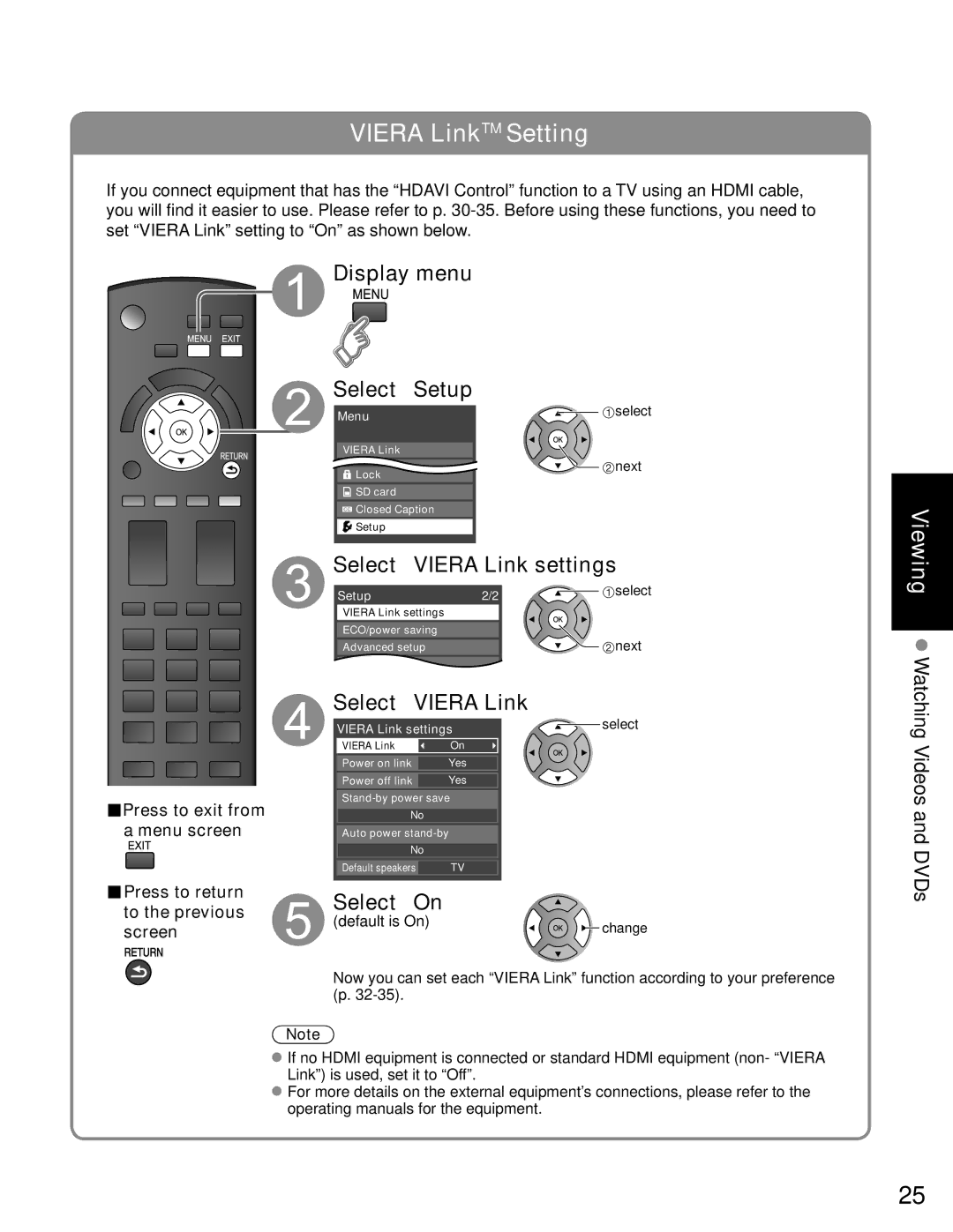 Panasonic TC-P50C1, TC-P42C1 quick start Display menu, Select Viera Link settings 