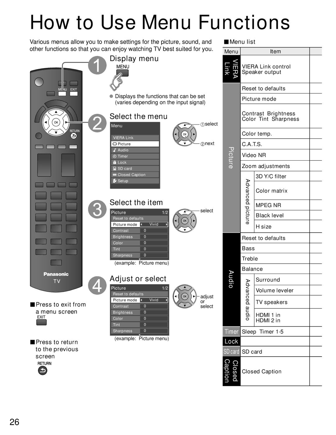 Panasonic TC-P42C1, TC-P50C1 quick start How to Use Menu Functions, Select the menu, Adjust or select 