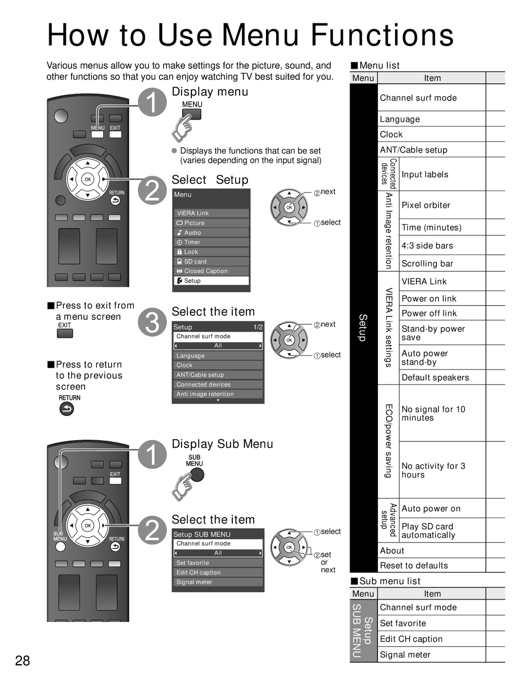 Panasonic TC-P42C1, TC-P50C1 quick start Display Sub Menu, Sub menu list 