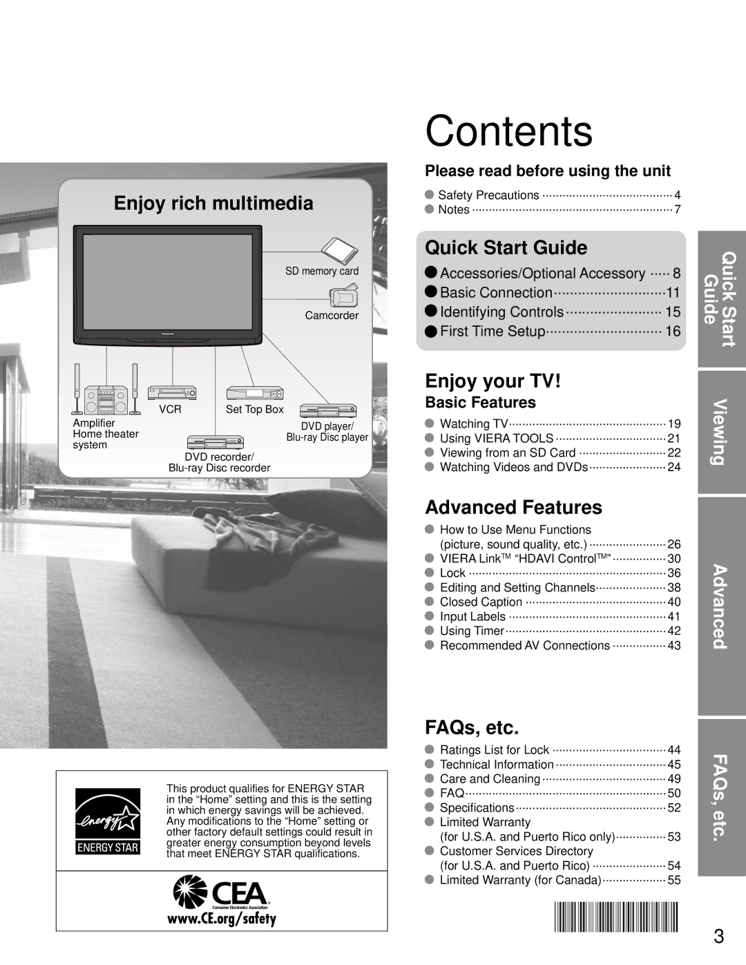 Panasonic TC-P50C1, TC-P42C1 quick start Contents 