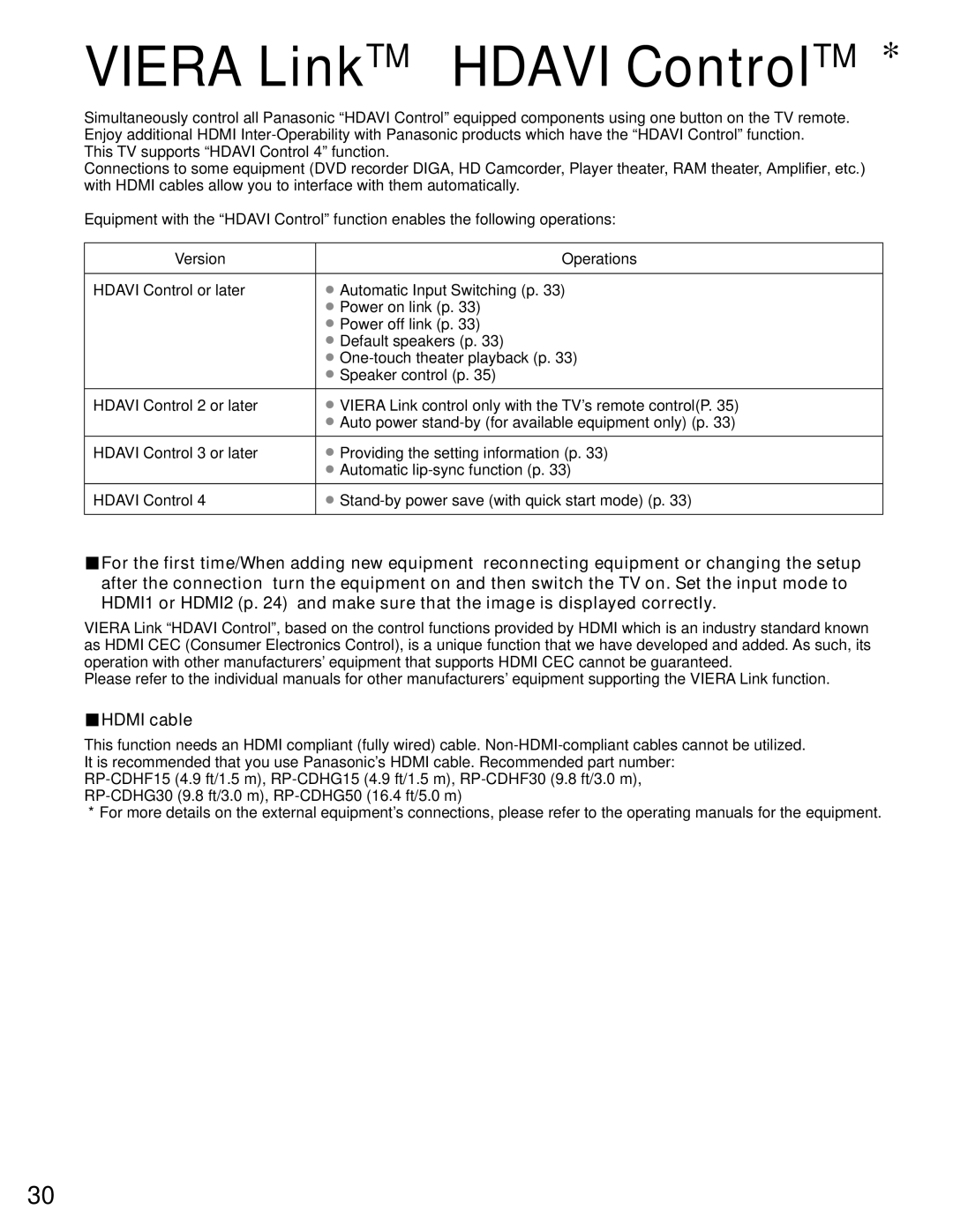 Panasonic TC-P42C1, TC-P50C1 quick start Viera LinkTM Hdavi ControlTM, Hdmi cable 