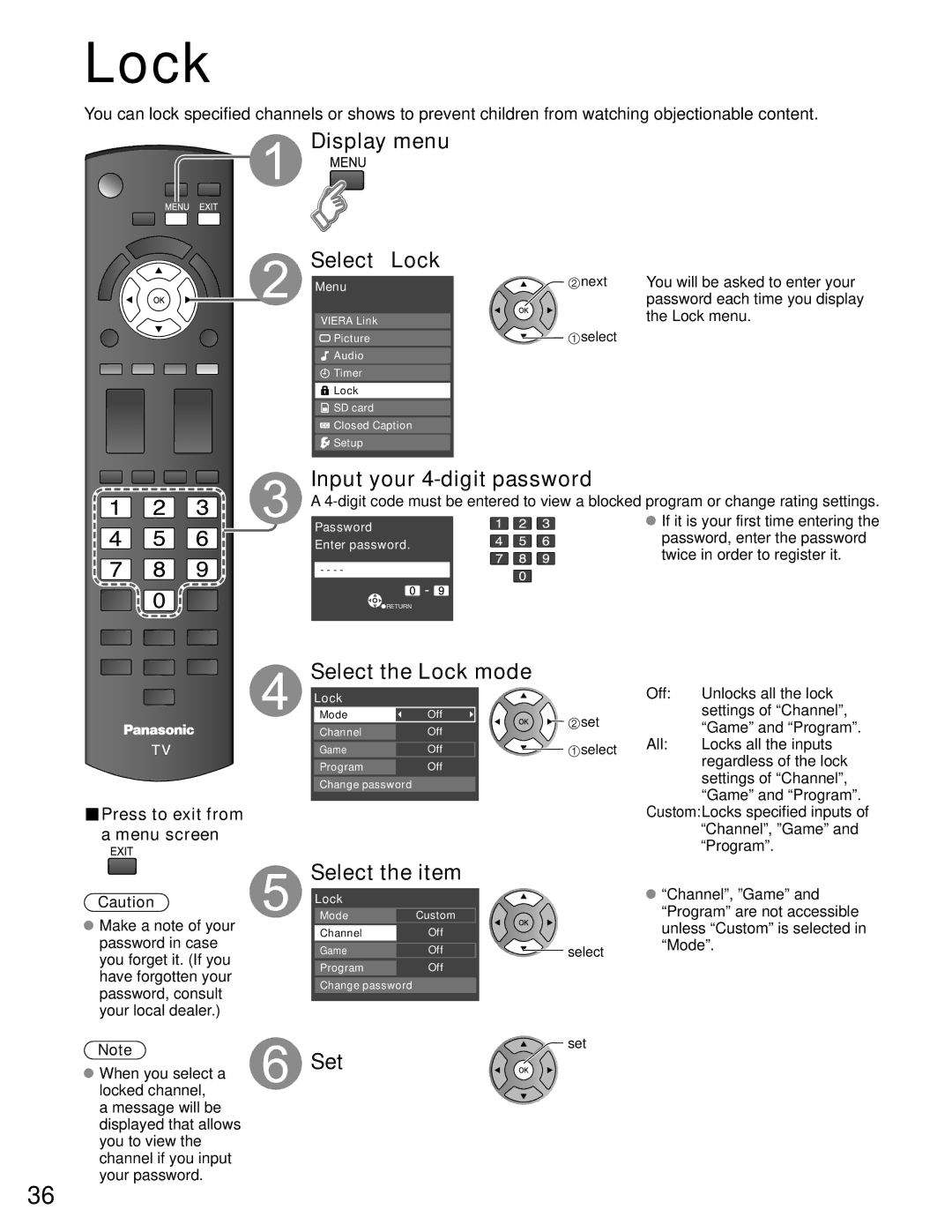 Panasonic TC-P42C1, TC-P50C1 quick start Input your 4-digit password, Select the Lock mode 