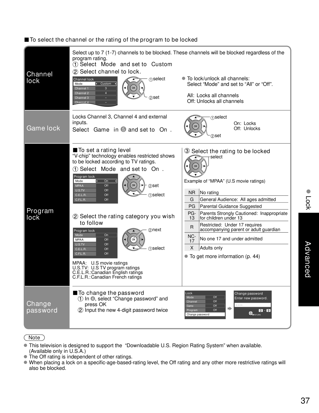 Panasonic TC-P50C1, TC-P42C1 quick start Channel lock Game lock, Program lock, Change password 