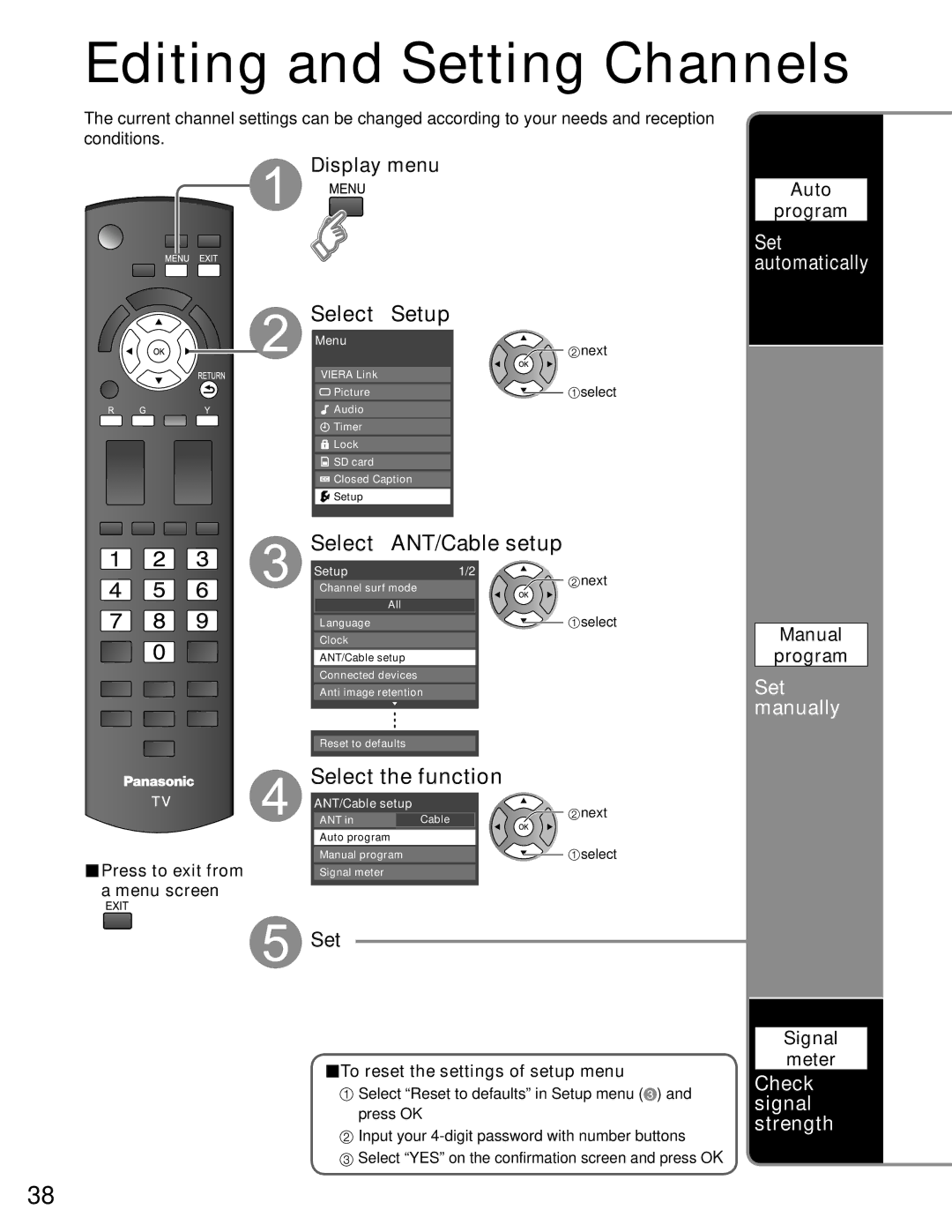 Panasonic TC-P42C1, TC-P50C1 Editing and Setting Channels, Select ANT/Cable setup, Set automatically, Set manually 