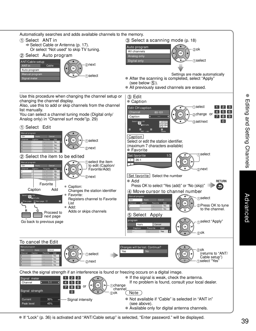 Panasonic TC-P50C1 Select a scanning mode p, Select Edit, Select the item to be edited Edit, Move cursor to channel number 