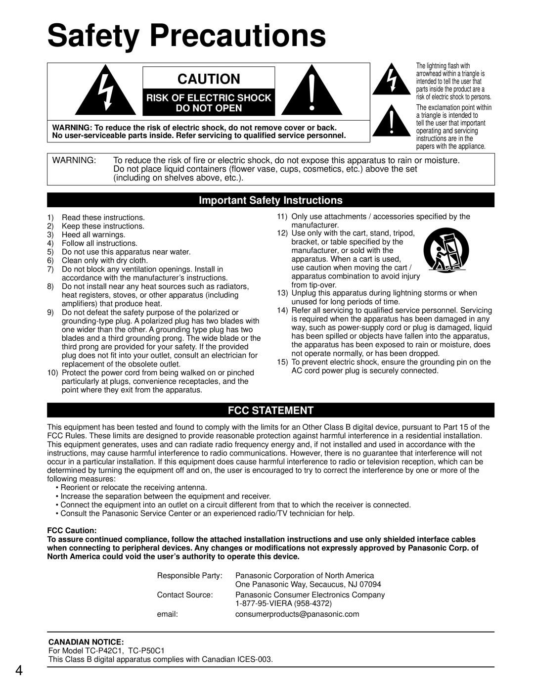 Panasonic TC-P42C1, TC-P50C1 quick start Safety Precautions, Important Safety Instructions 