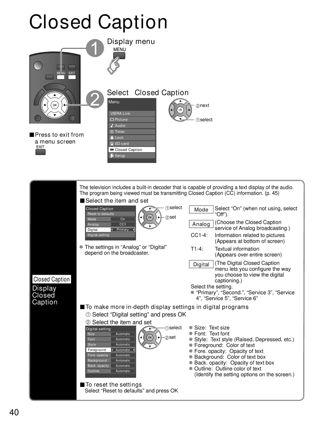 Panasonic TC-P42C1, TC-P50C1 quick start Display menu Select Closed Caption, Display Closed Caption 