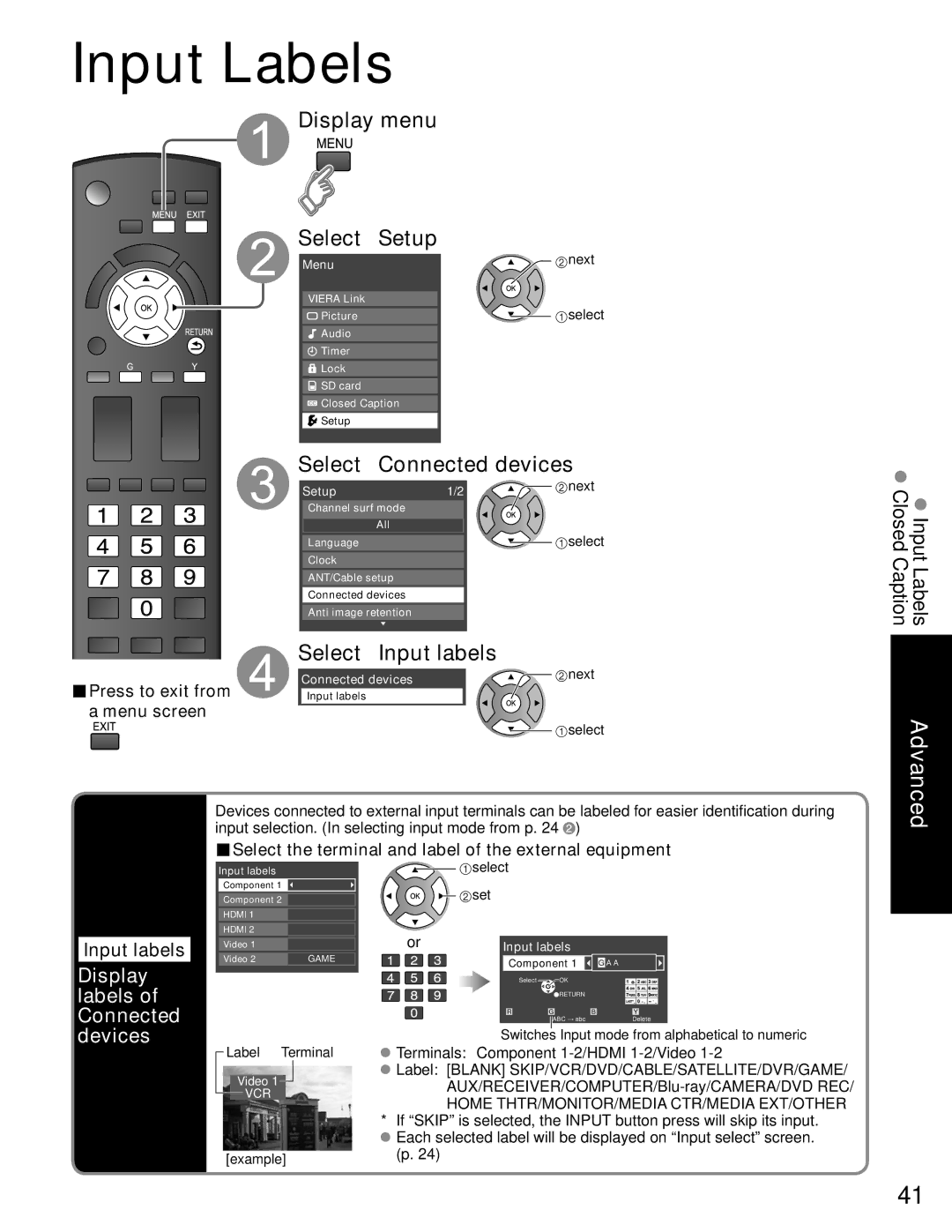 Panasonic TC-P50C1 Input Labels, Select Connected devices, Select Input labels, Display labels of Connected devices 