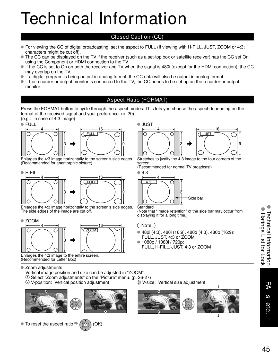 Panasonic TC-P50C1, TC-P42C1 quick start Technical Information, Closed Caption CC, Aspect Ratio Format 