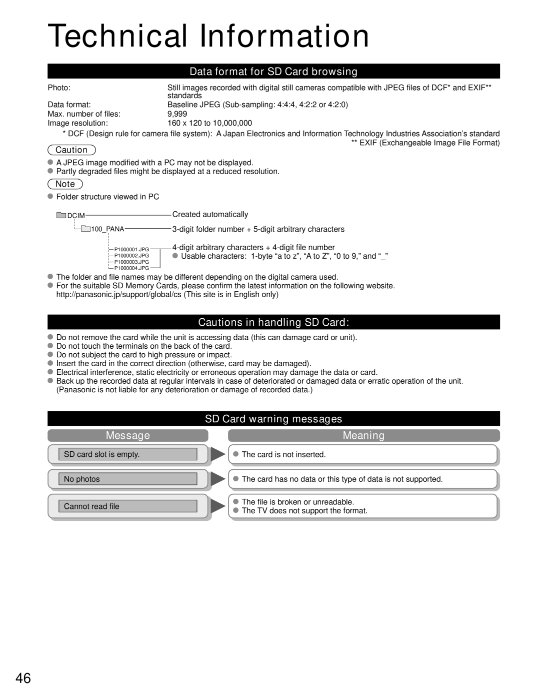 Panasonic TC-P42C1, TC-P50C1 quick start Data format for SD Card browsing, Message, SD Card warning messages Meaning 