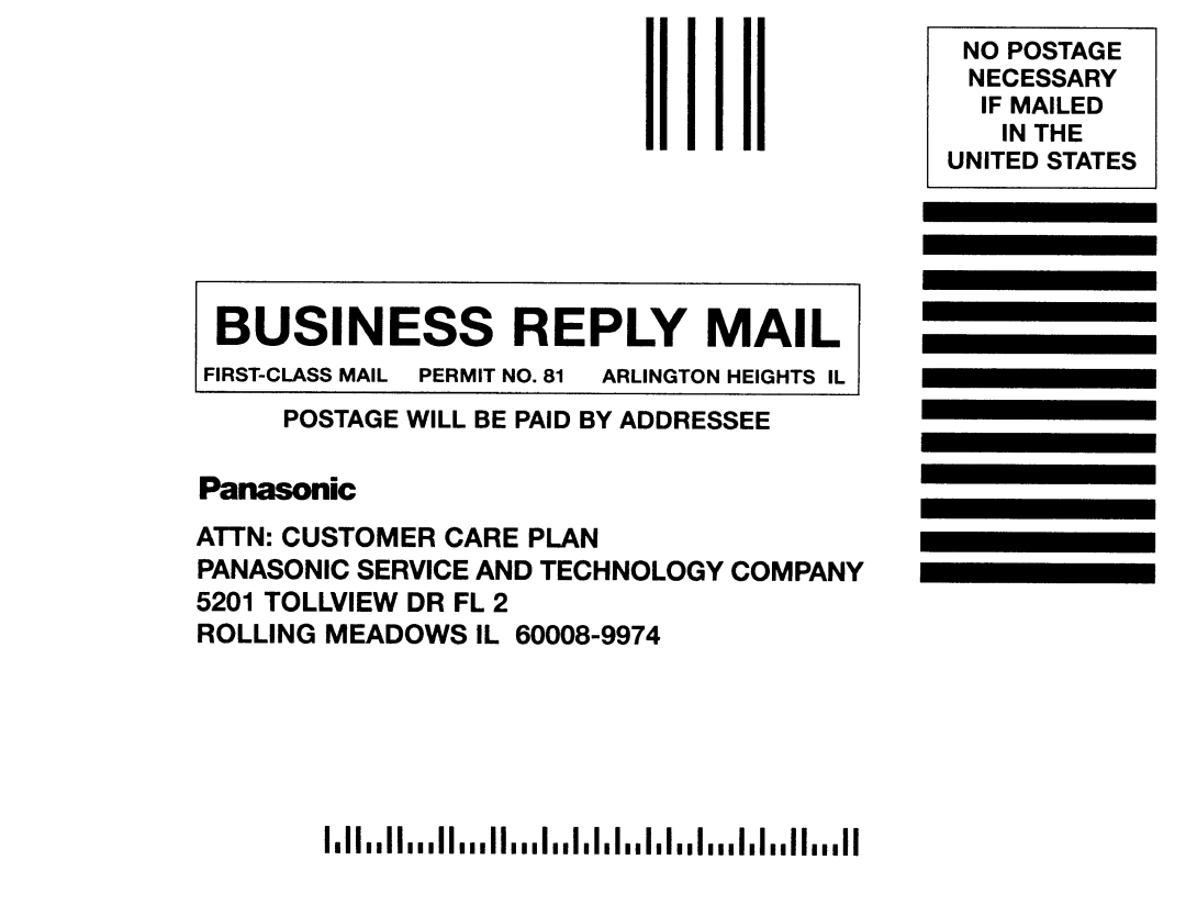 Panasonic TC-P42C1, TC-P50C1 quick start Business Reply Mail 