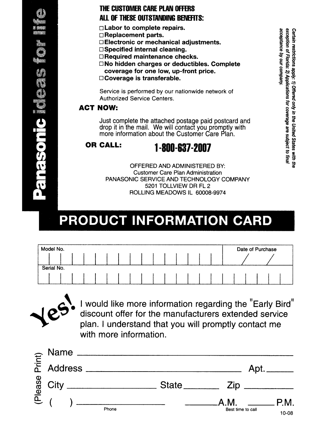 Panasonic TC-P42C1, TC-P50C1 quick start Name AddressApt 