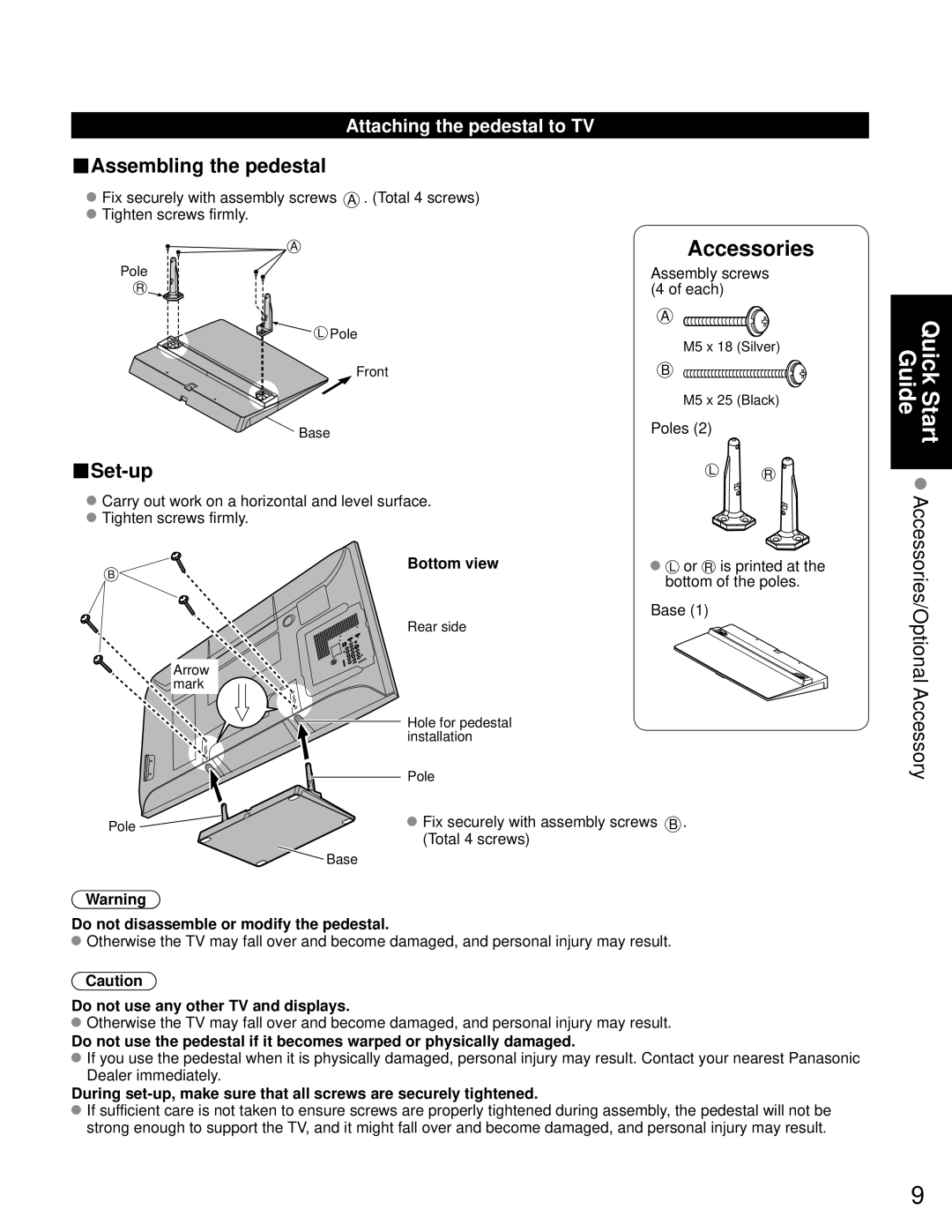 Panasonic TC-P50C1, TC-P42C1 Attaching the pedestal to TV, Bottom view, Do not disassemble or modify the pedestal 