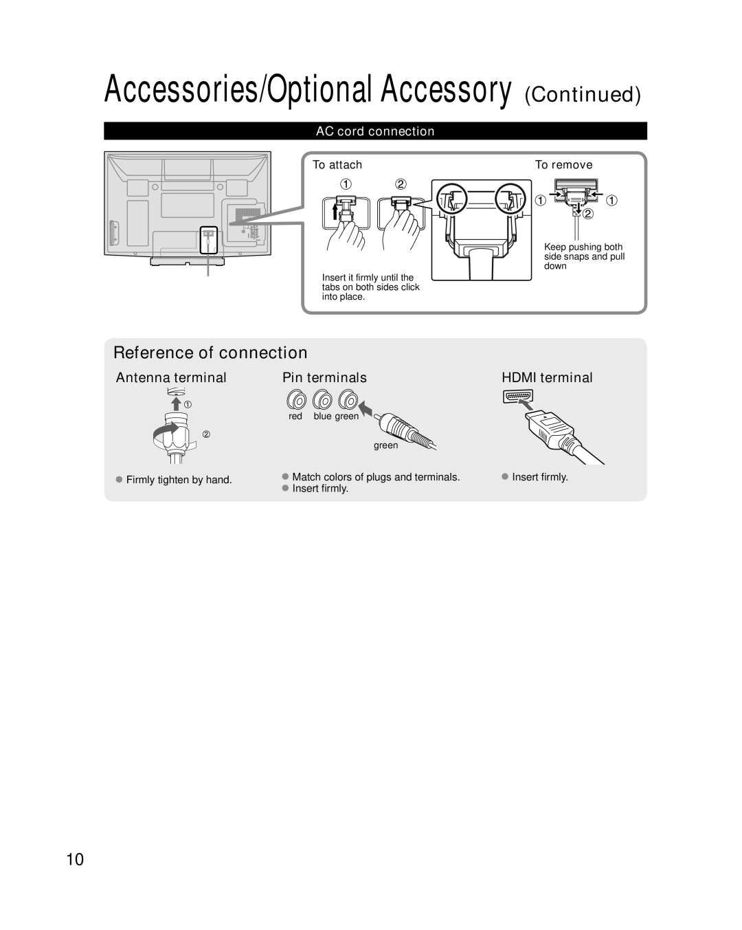 Panasonic TC-P42C1, TC-P50C1 quick start AC cord connection, To attach To remove, Red blue green Green 