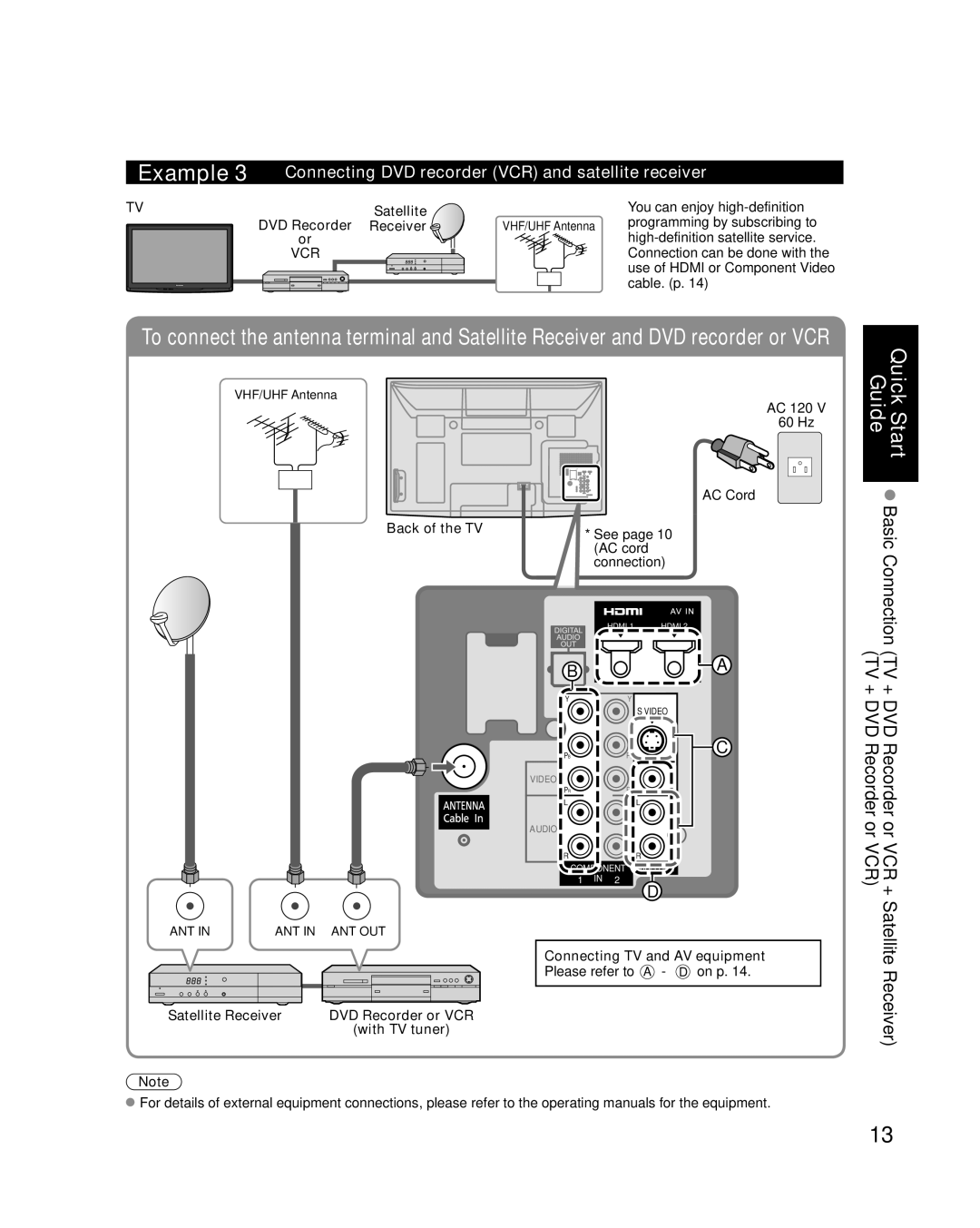 Panasonic TC-P50C1 Connecting DVD recorder VCR and satellite receiver, QuickGuideStart Basic Connection, Satellite 