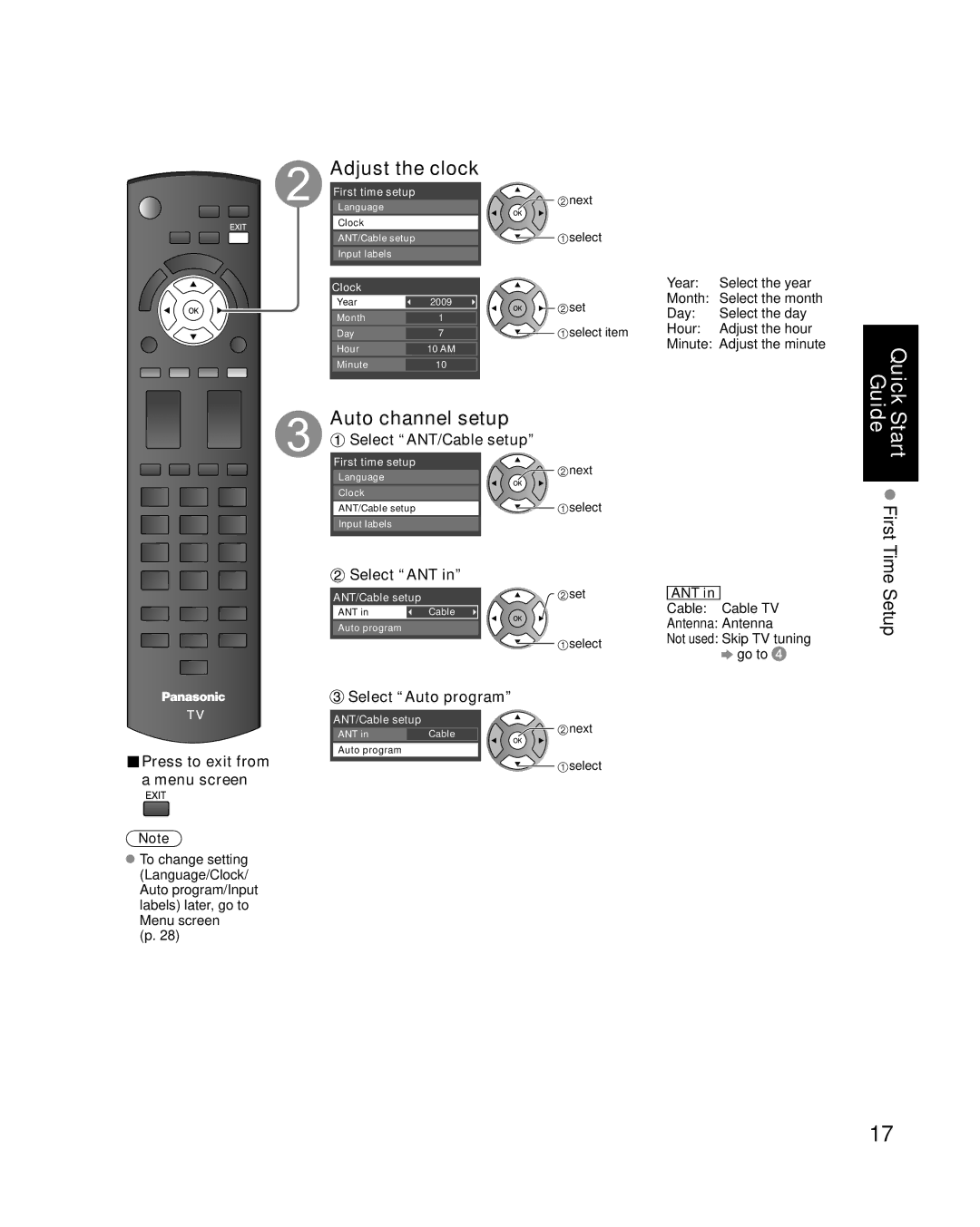 Panasonic TC-P50C1, TC-P42C1 quick start Adjust the clock, Auto channel setup 