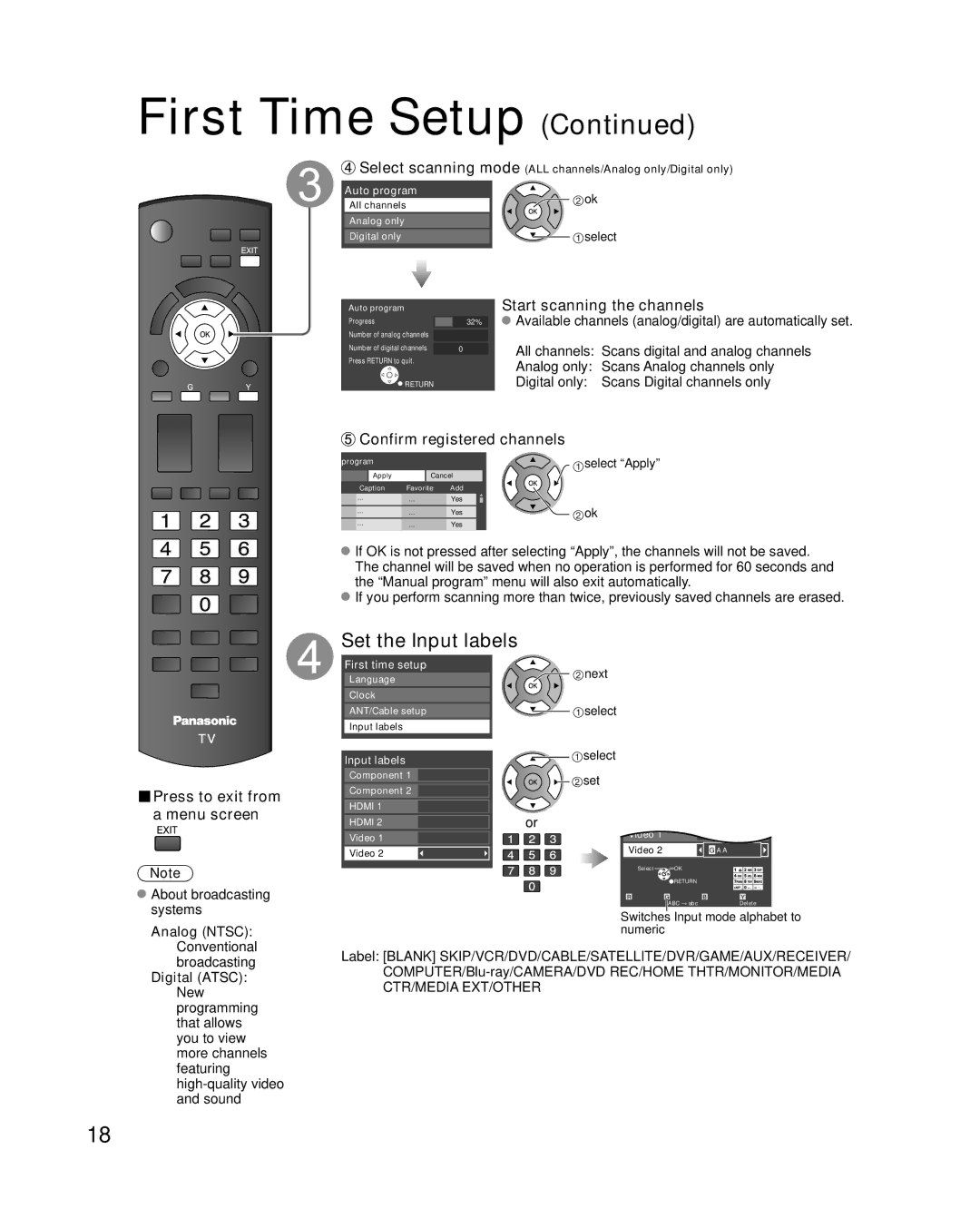 Panasonic TC-P42C1, TC-P50C1 quick start Set the Input labels, Start scanning the channels, Confirm registered channels 