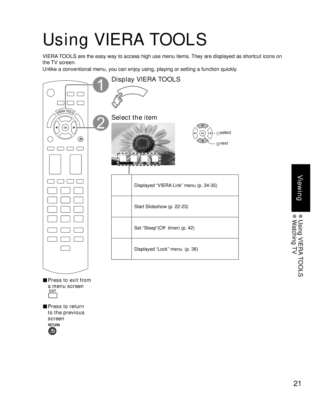 Panasonic TC-P50C1, TC-P42C1 quick start Using Viera Tools, Display Viera Tools Select the item, Select next 