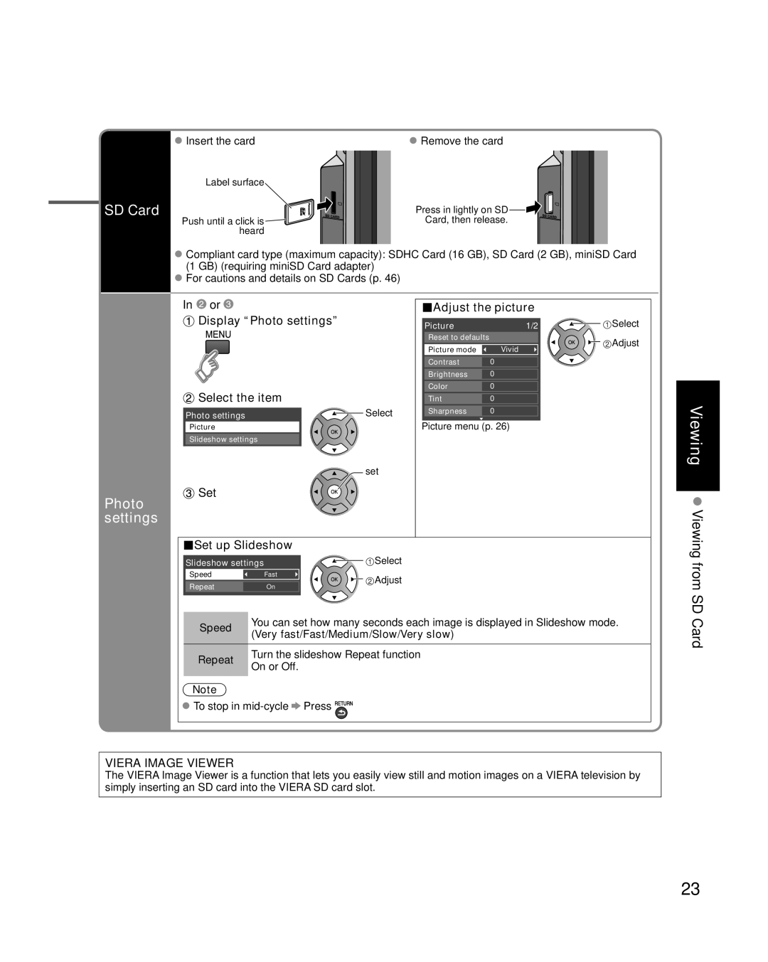 Panasonic TC-P50C1, TC-P42C1 quick start SD Card, Photo, Viewing, Settings 