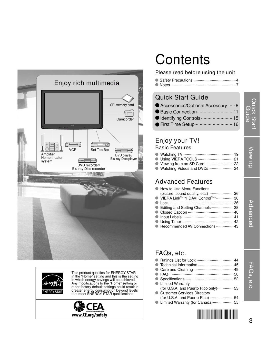 Panasonic TC-P50C1, TC-P42C1 quick start Contents 