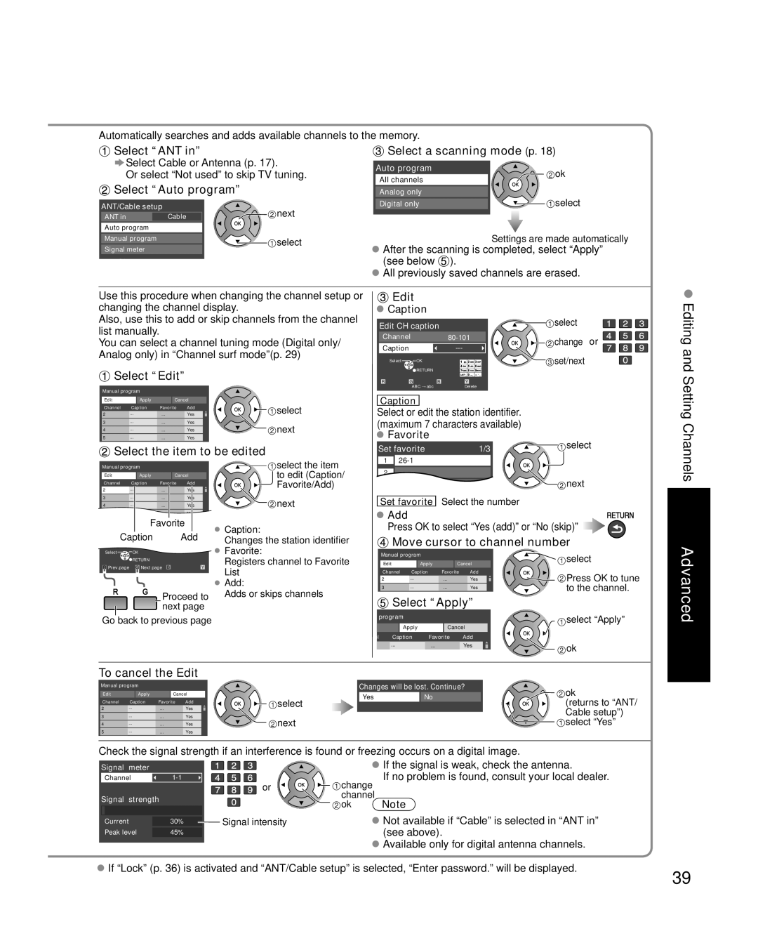 Panasonic TC-P50C1 Select a scanning mode p, Select Edit, Select the item to be edited, Move cursor to channel number 