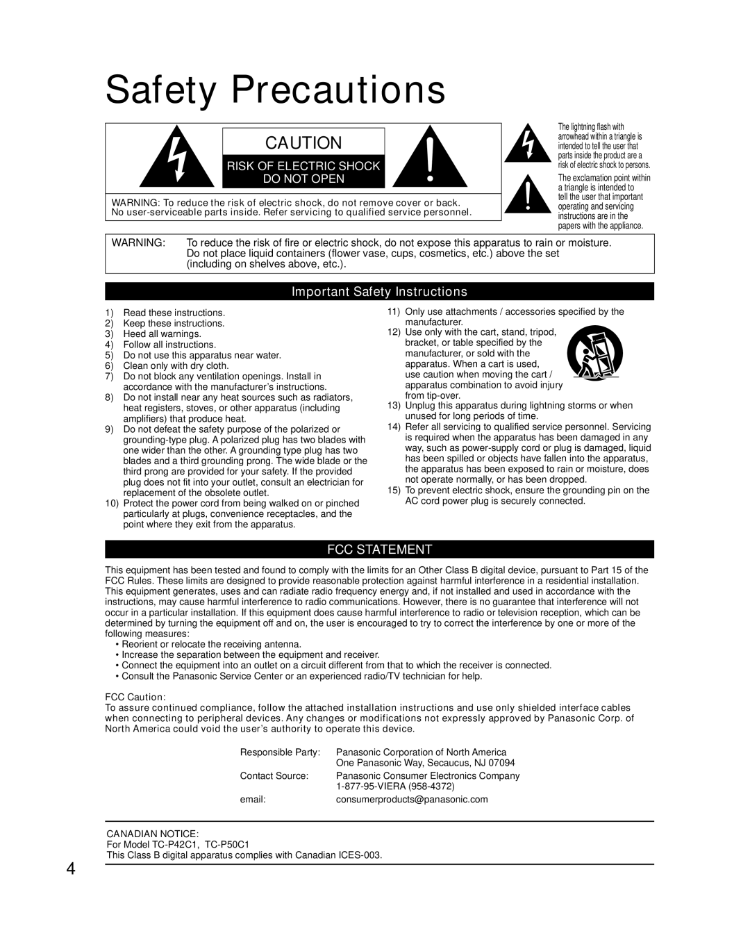 Panasonic TC-P42C1, TC-P50C1 quick start Safety Precautions, Important Safety Instructions 