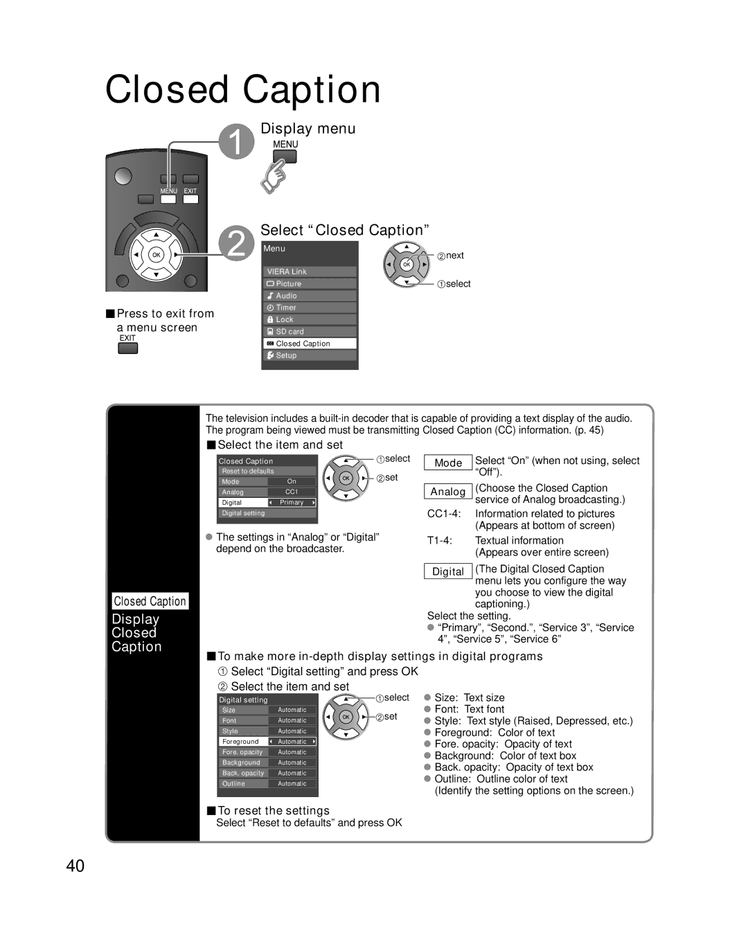 Panasonic TC-P42C1, TC-P50C1 quick start Display menu Select Closed Caption, Display Closed Caption 