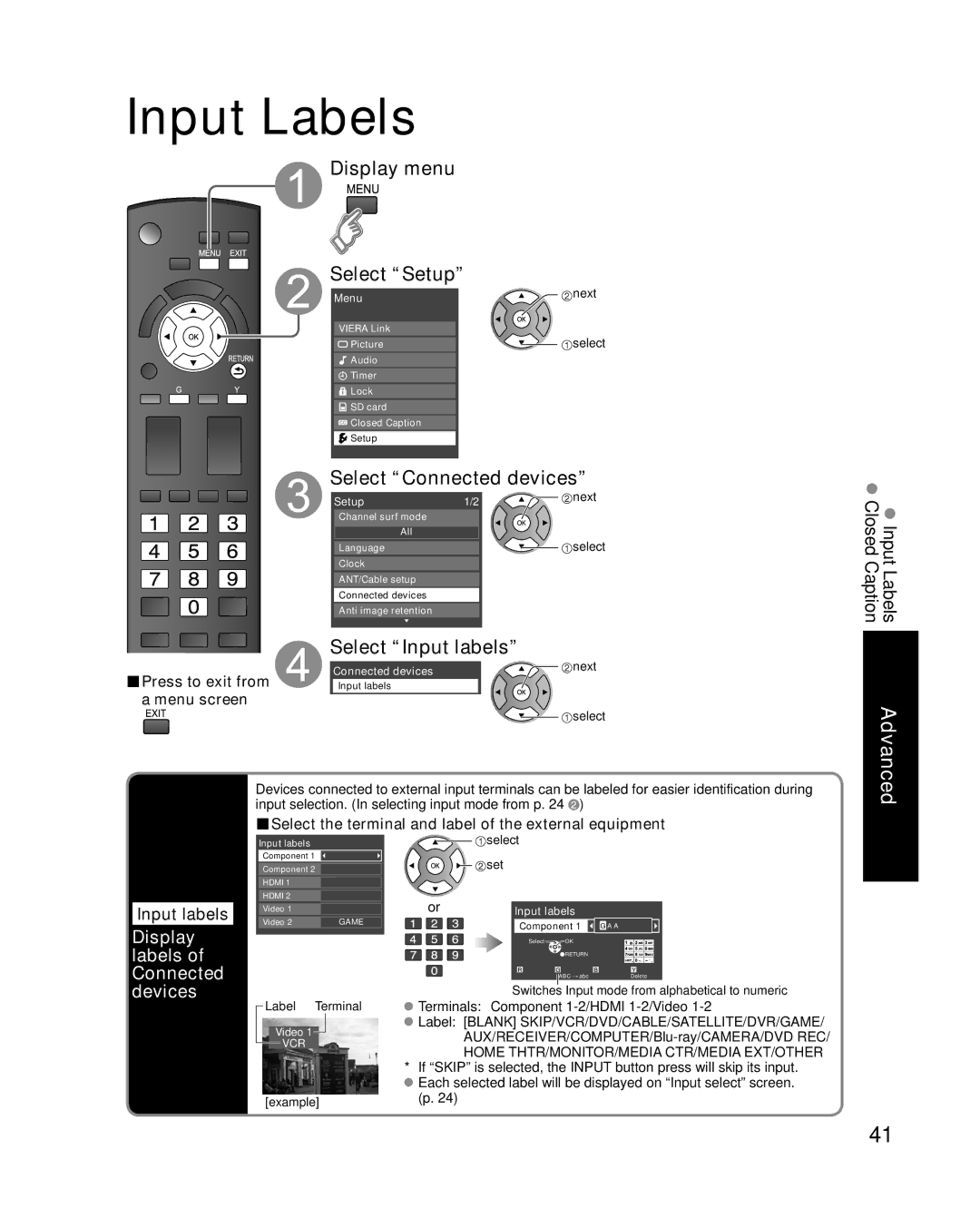 Panasonic TC-P50C1 Input Labels, Select Connected devices, Select Input labels, Devices, Display labels of Connected 