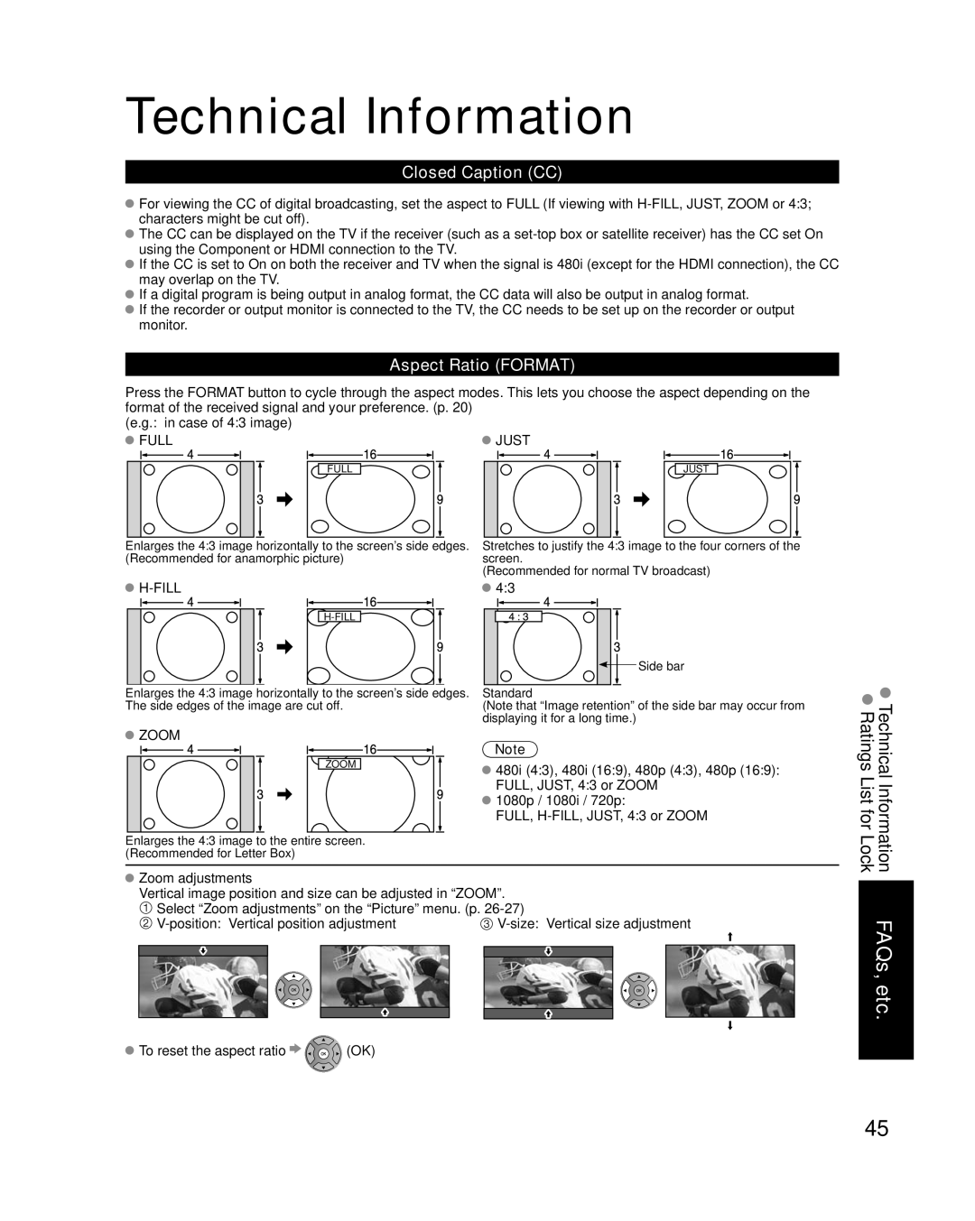 Panasonic TC-P50C1, TC-P42C1 quick start Technical Information, Closed Caption CC, Aspect Ratio Format 