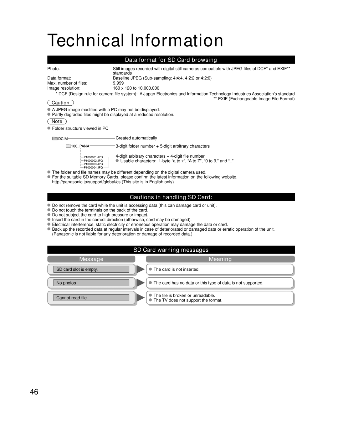 Panasonic TC-P42C1, TC-P50C1 quick start Data format for SD Card browsing, Message, SD Card warning messages Meaning 