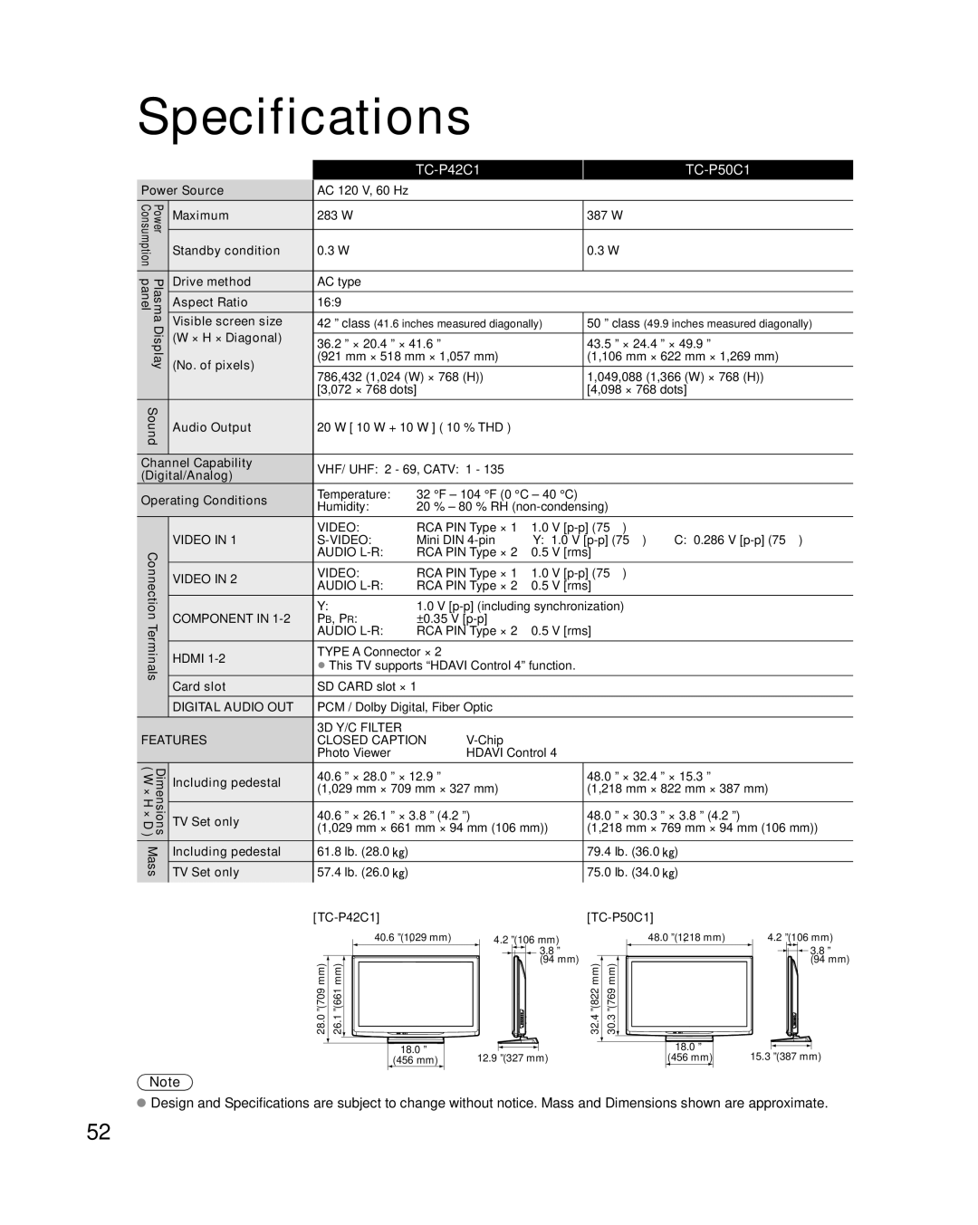 Panasonic TC-P42C1, TC-P50C1 quick start Specifications 