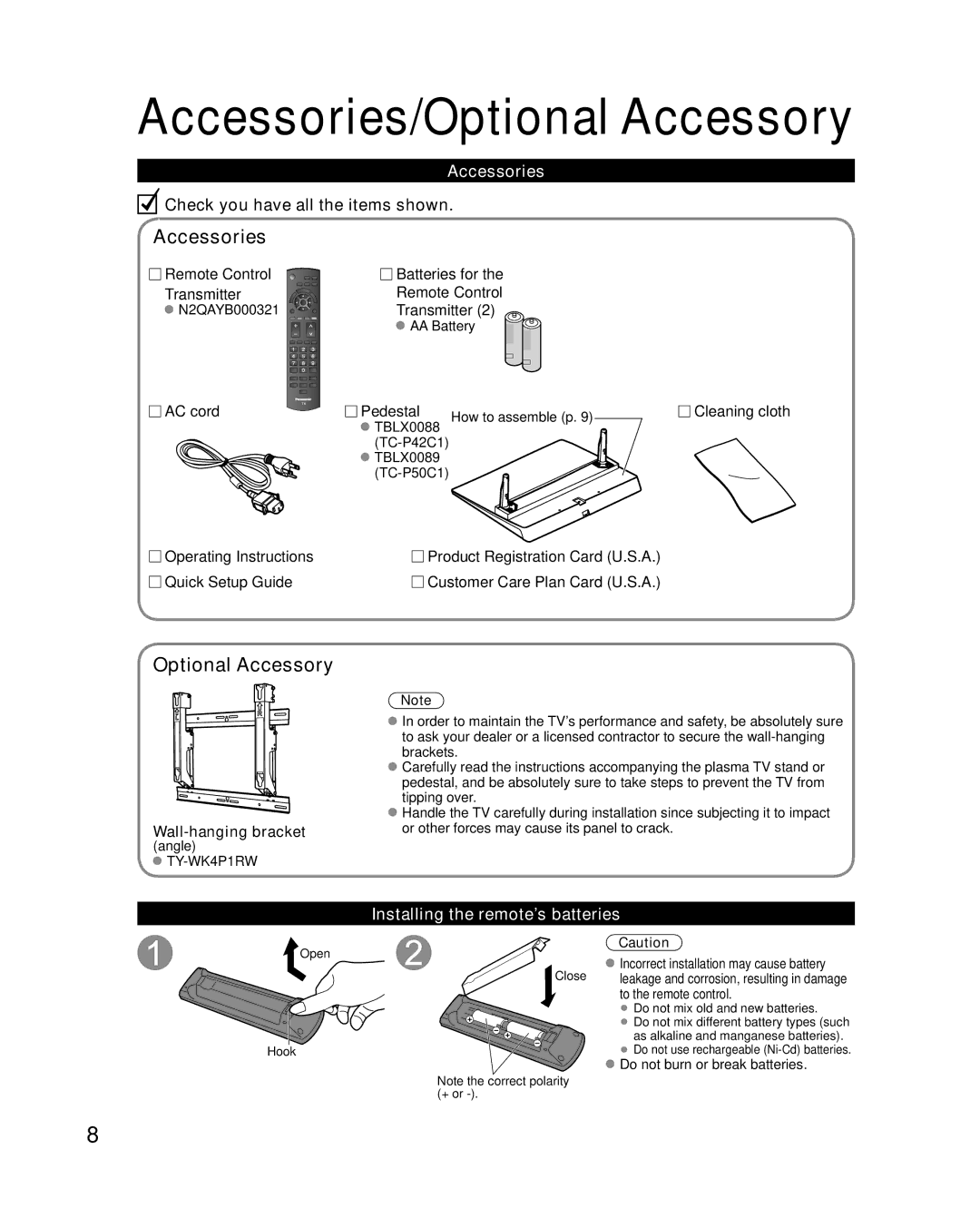 Panasonic TC-P42C1, TC-P50C1 quick start Accessories/Optional Accessory, Installing the remote’s batteries 