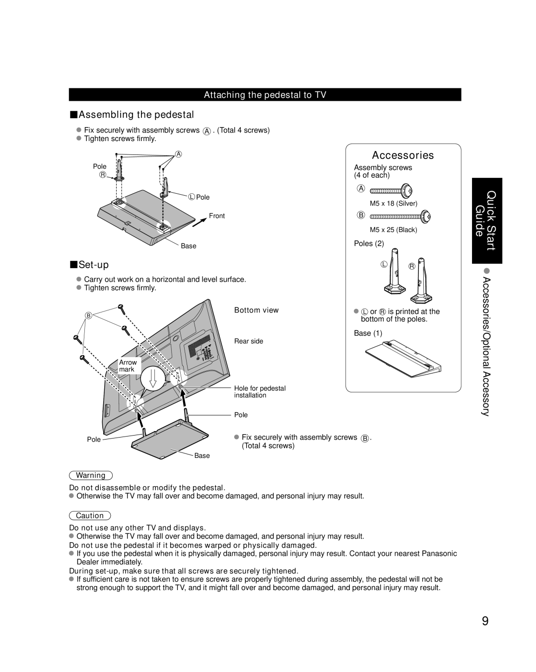 Panasonic TC-P50C1, TC-P42C1 Attaching the pedestal to TV, Bottom view, Do not disassemble or modify the pedestal 