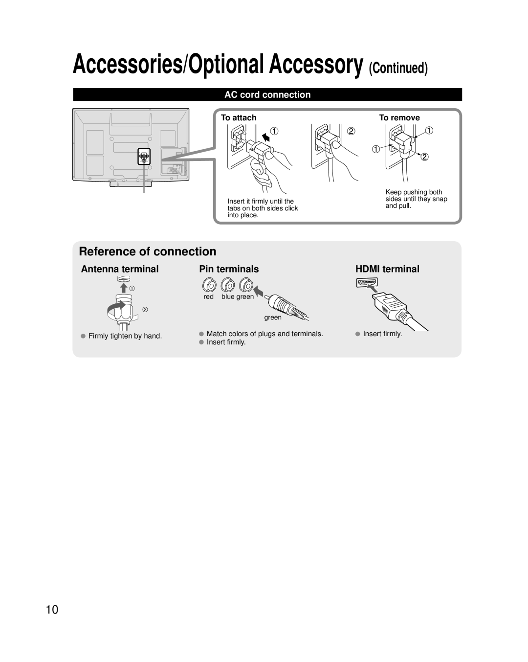 Panasonic TC-P50C2, TC-P42C2, TC-P46C2 quick start AC cord connection, To attach, To remove, Red blue green Green 