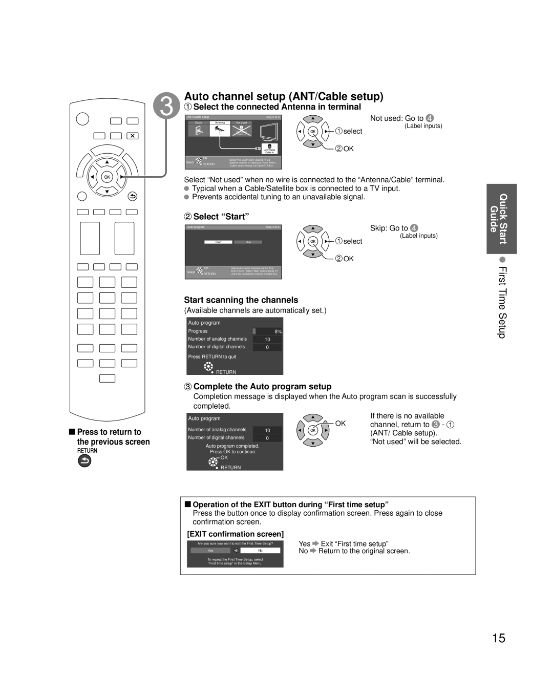 Panasonic TC-P42C2, TC-P50C2, TC-P46C2 quick start Auto channel setup ANT/Cable setup, Start First 